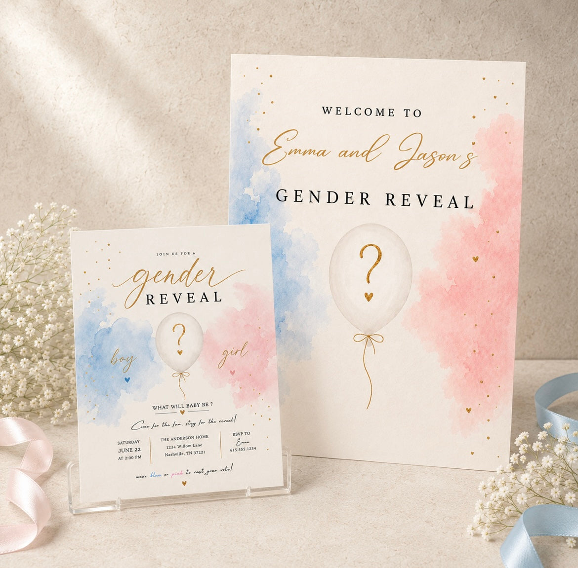 Pink and blue gender reveal invitation and matching welcome sign displayed together