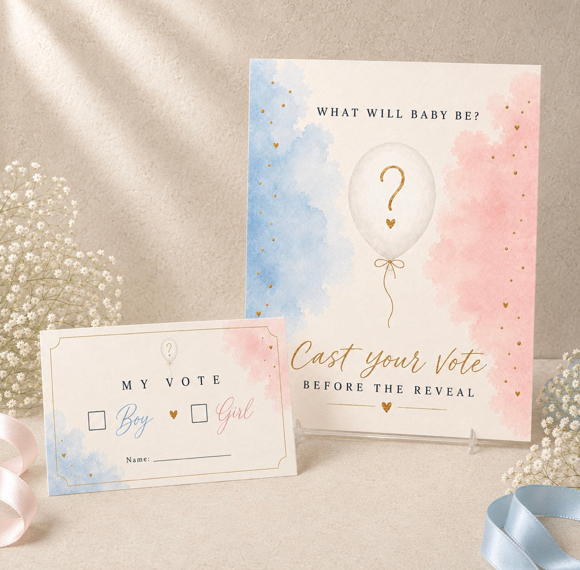 Watercolor gender reveal Cast Your Vote sign with matching individual voting card