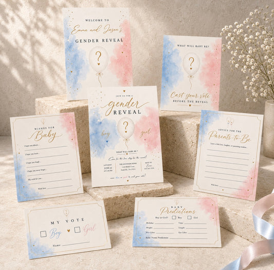 Seven-piece pink and blue gender reveal party bundle displayed on tiered stone stands