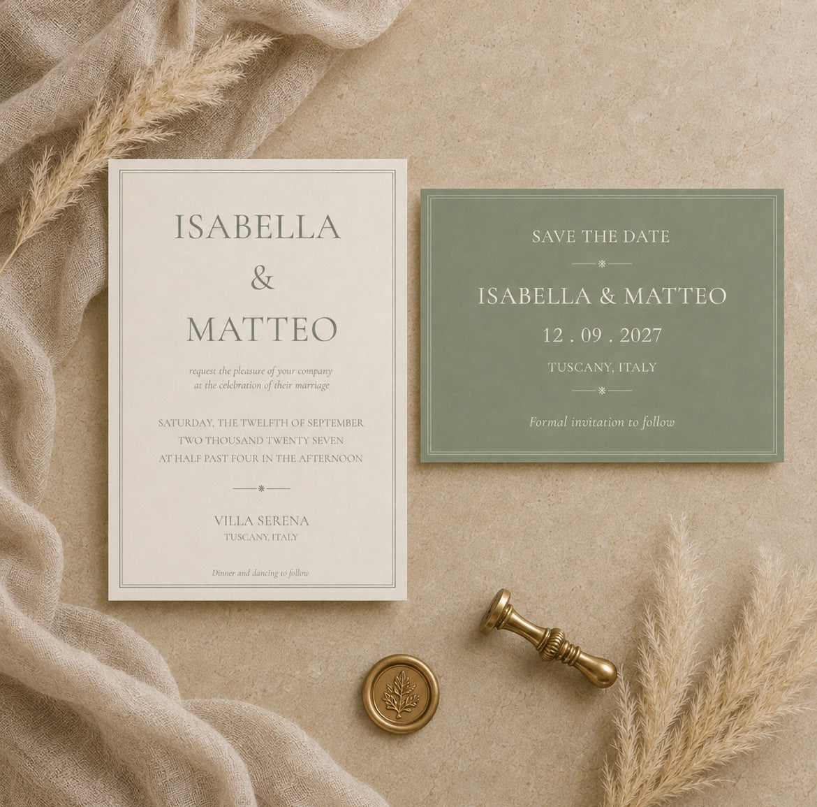 A styled flat-lay of a wedding invitation card and a matching save-the-date card on a beige fabric background with dried grasses and a gold wax seal stamp.