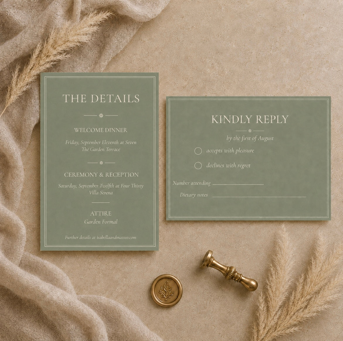A flat-lay of a wedding invitation suite featuring an olive green 'The Details' card and a matching 'Kindly Reply' card, styled on a beige textured fabric with dried wheat stalks and a gold wax seal stamp.