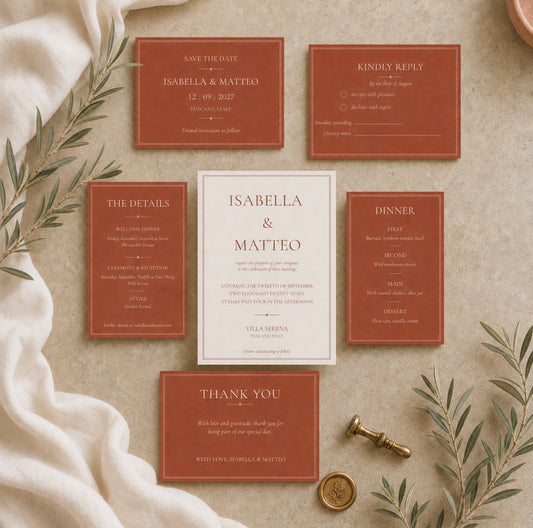 A coordinated wedding stationery set arranged on a beige fabric surface with decorative greenery and a wax seal. The set includes a central white invitation card and five terracotta-colored cards: save the date, wedding day reply, details, dinner, and thank you.