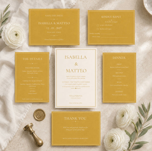 A coordinated wedding stationery flat lay featuring mustard yellow save-the-date, dinner card, and thank-you cards, a cream details card, and a central cream invitation, arranged on a textured white fabric with white flowers, greenery, and a gold seal stamp.