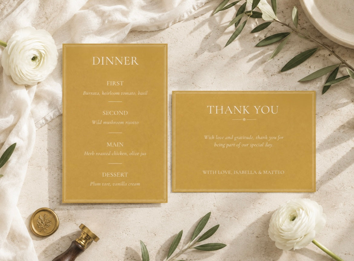 A styled flat-lay of a wedding stationery set featuring a dinner menu card and a thank you card in a warm mustard yellow color, surrounded by white flowers, green olive branches, a wax seal, and a wax stamp on a textured cream fabric background.