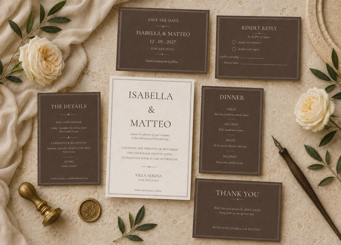 A styled flat-lay of a wedding invitation suite on a textured beige fabric background, featuring dark brown and cream cards with elegant typography, accented by cream roses, green leaves, a gold wax seal stamp, and a black fountain pen.