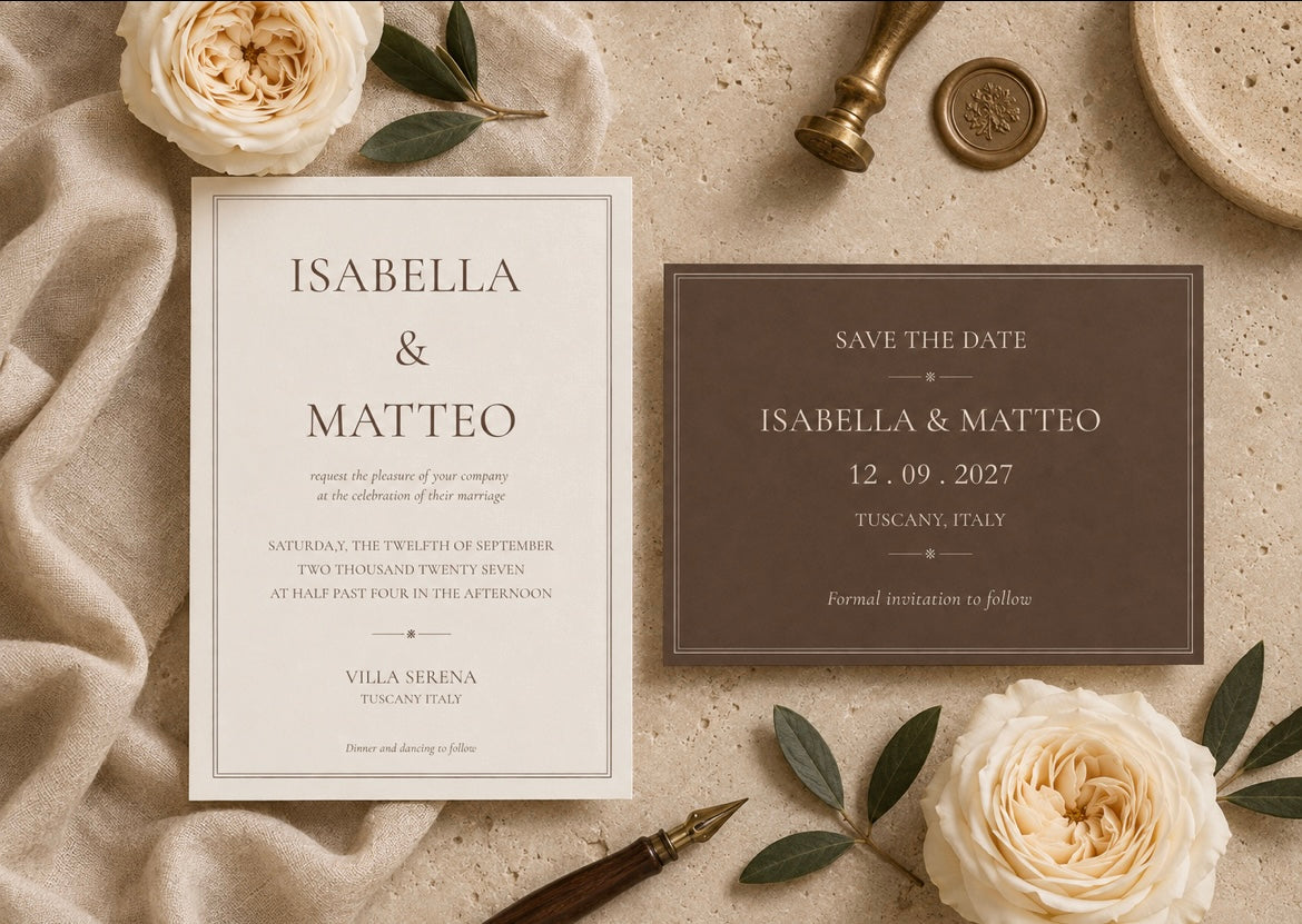 A styled flat-lay of a wedding invitation card and matching save-the-date card on a textured beige surface with cream roses, fabric, a gold seal, and a fountain pen.