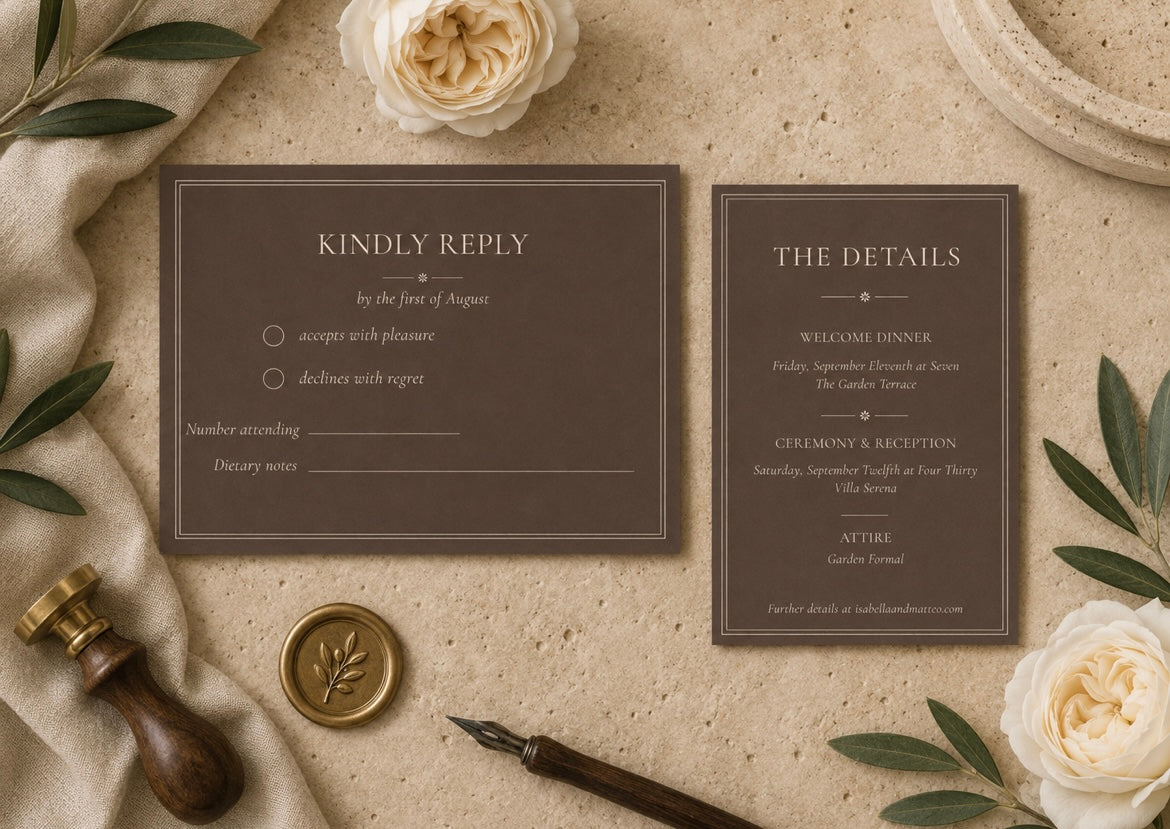 A styled flat-lay of a wedding invitation suite on a textured beige stone surface with linen, flowers, a wax seal, and a fountain pen. The suite includes a dark brown reply card, a matching details card, a wooden stamp, and a gold wax seal.