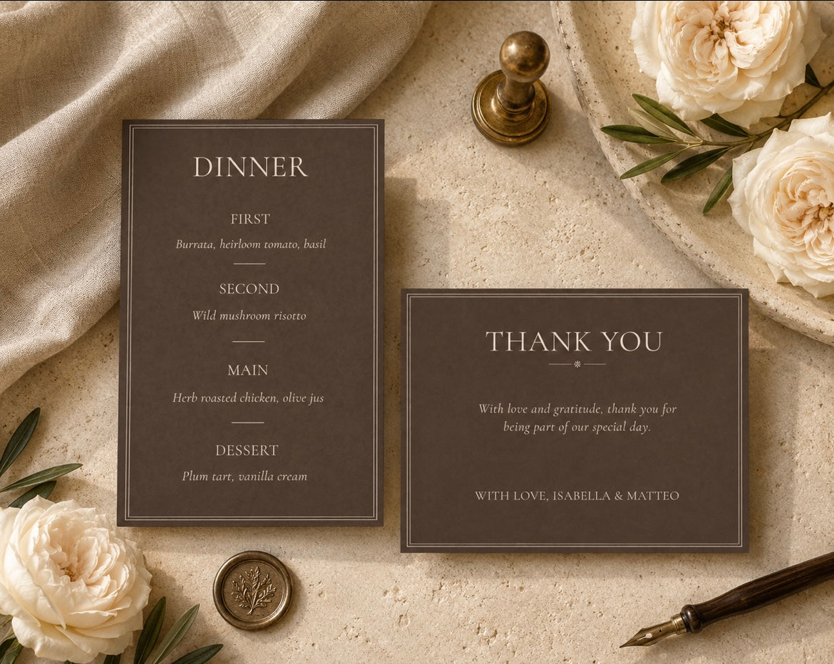 A styled flat-lay of a dark brown wedding dinner menu card and matching thank you card on a textured beige surface, surrounded by cream flowers, a brass stamp, a pen, and draped fabric.