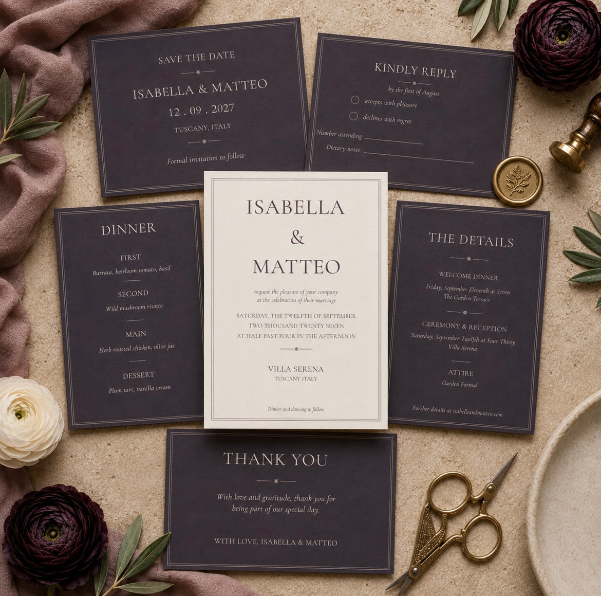 A styled flat-lay of a wedding invitation suite on a textured beige surface with pink fabric, flowers, scissors, and a coin. The suite includes a central white card with black text, surrounded by five dark navy cards: Save the Date, Kindly Reply, Details, Dinner, and Thank You.
