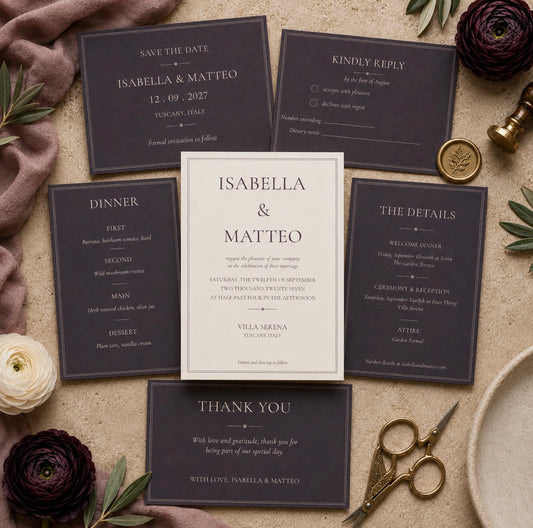 A styled flat-lay of a wedding invitation suite on a textured beige surface with pink fabric, flowers, scissors, and a coin. The suite includes a central white card with black text, surrounded by five dark navy cards: Save the Date, Kindly Reply, Details, Dinner, and Thank You.
