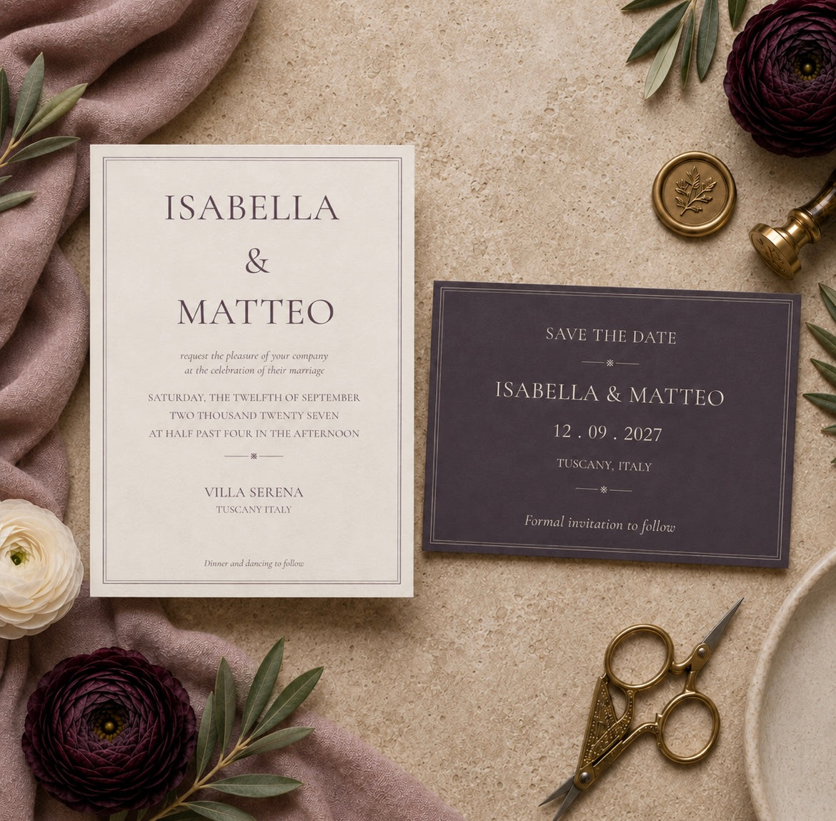 A styled flat-lay of wedding stationery on a textured beige surface with a blush pink fabric, greenery, flowers, scissors, and a wax seal. The set includes a white invitation card reading 'ISABELLA & MATTEO' and a dark navy 'SAVE THE DATE' card with matching text.