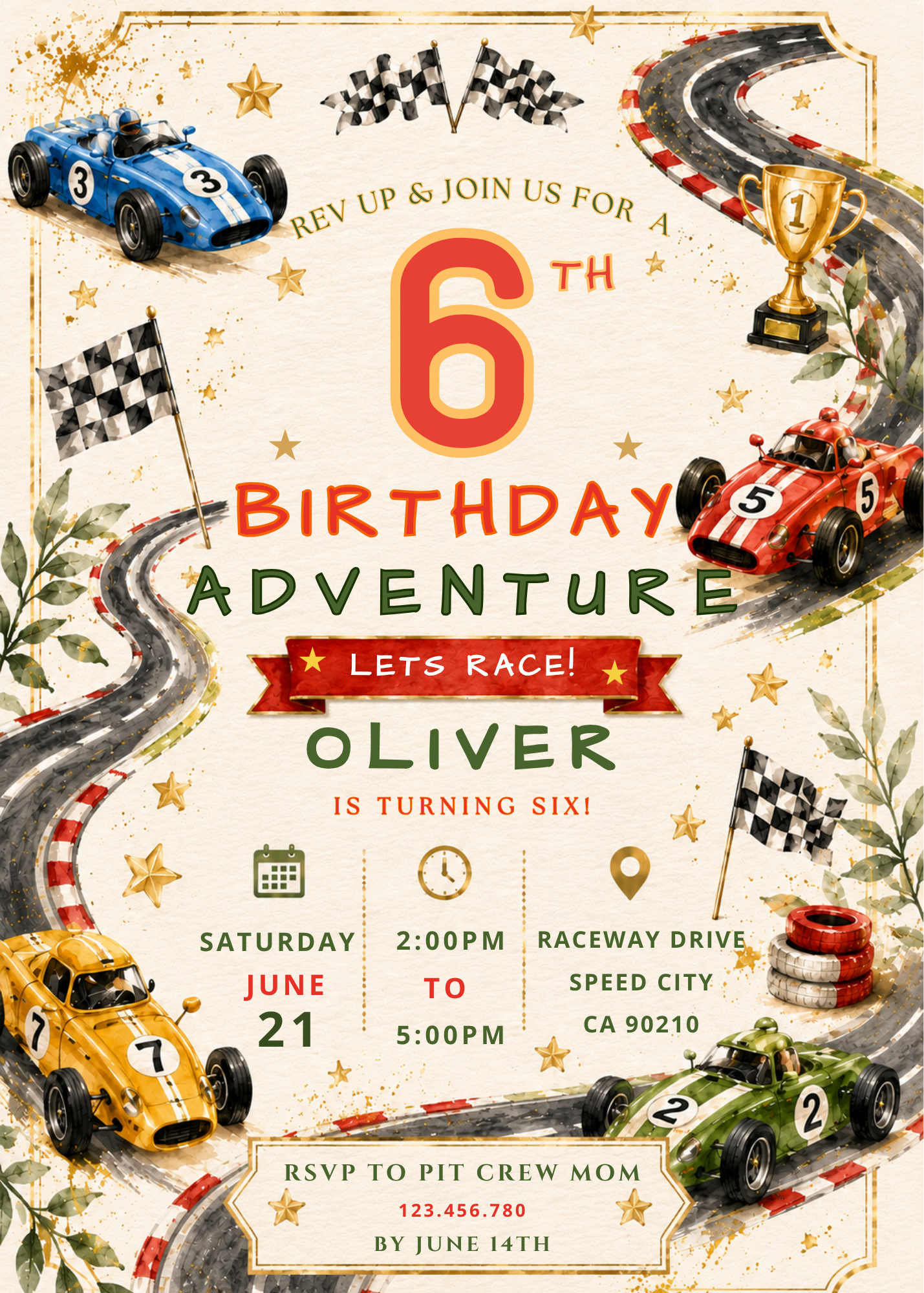 A race-themed 6th birthday party invitation card featuring illustrated vintage racing cars, checkered flags, a trophy, stars, and curved track lines on a cream background with decorative border details.