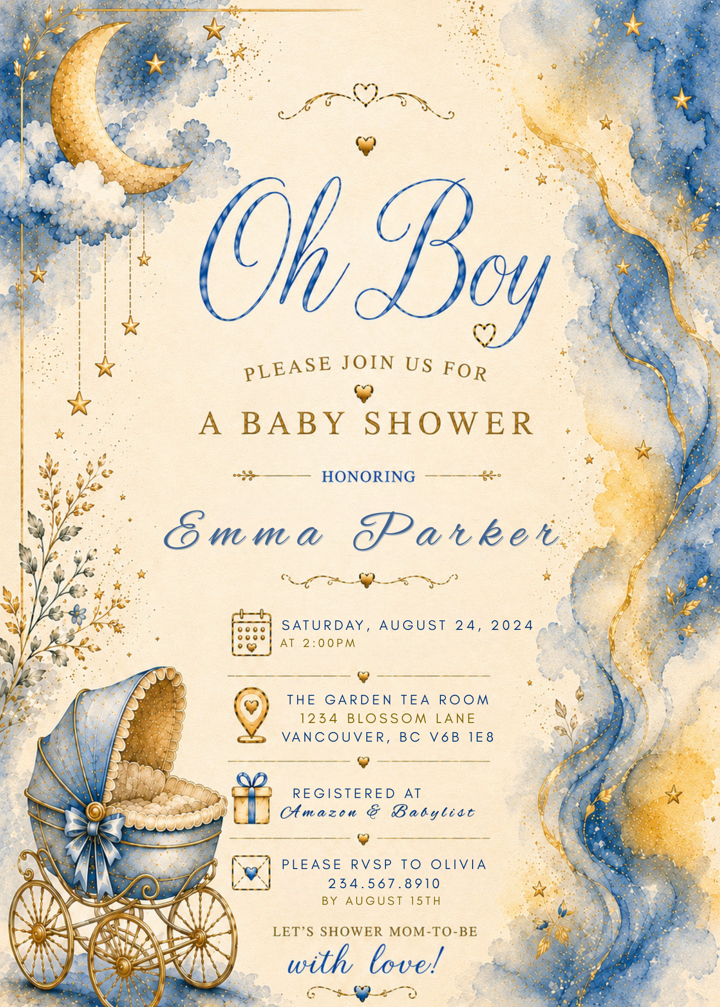 A baby shower invitation card with a celestial watercolor design. The card features a cream background with blue and gold watercolor washes, a crescent moon, stars, and clouds.