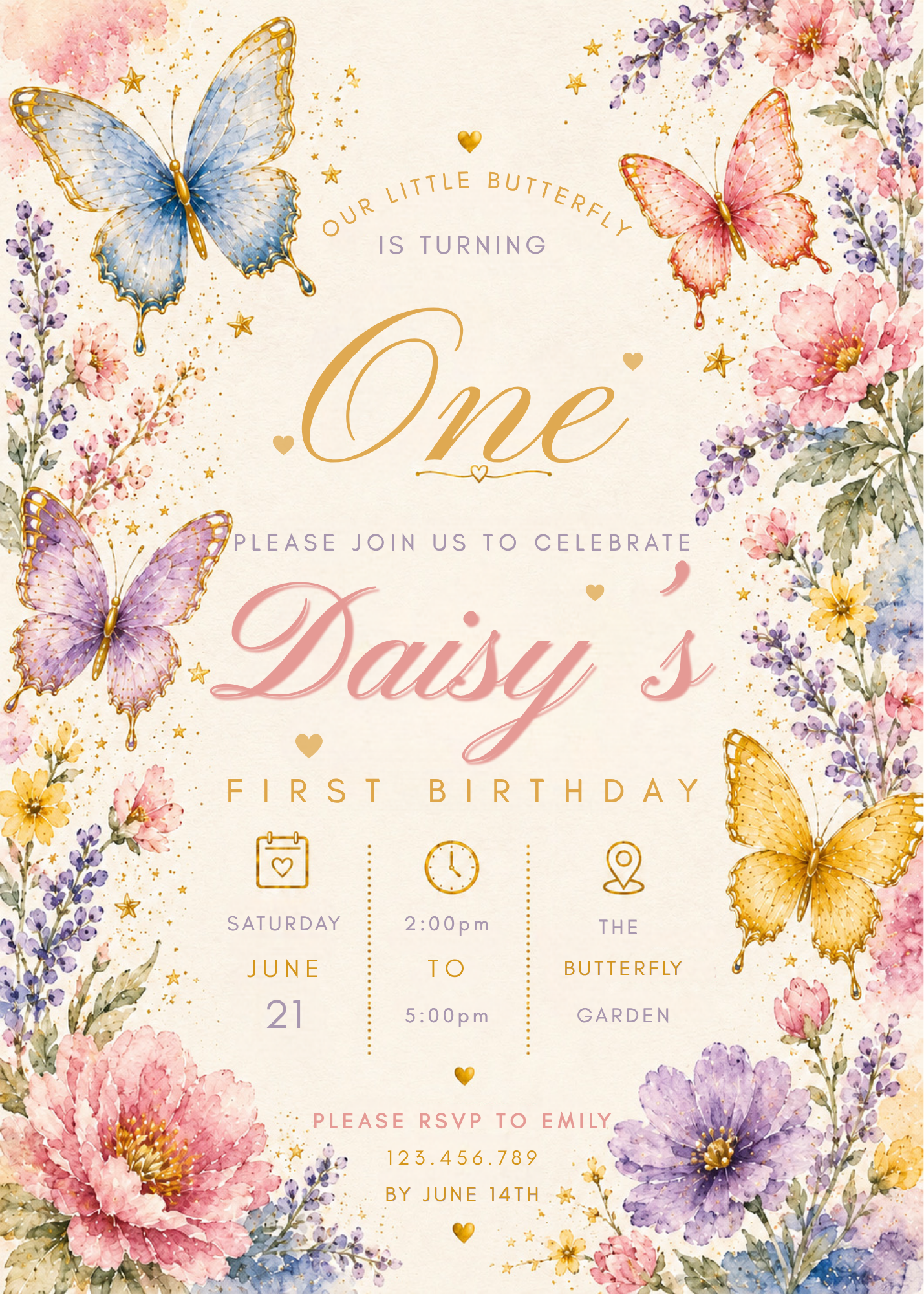 A first birthday invitation card with a whimsical butterfly and floral design. The card features watercolor-style butterflies in blue, pink, purple, and yellow, surrounded by pink and purple flowers on a cream background.