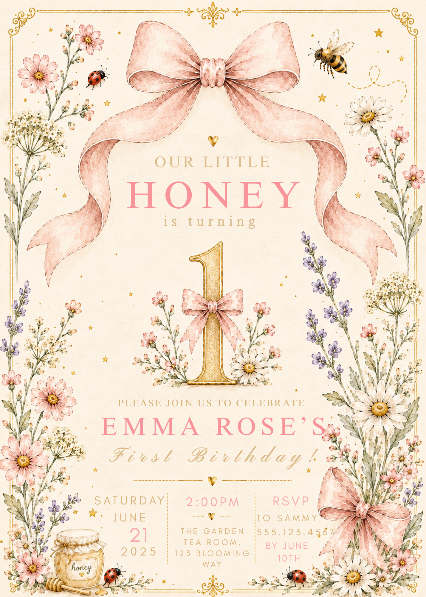 A floral first birthday invitation card with a large pink ribbon bow at the top, a gold number 1 in the center, and decorative flowers, bees, ladybugs, and a small jar of honey around the text.