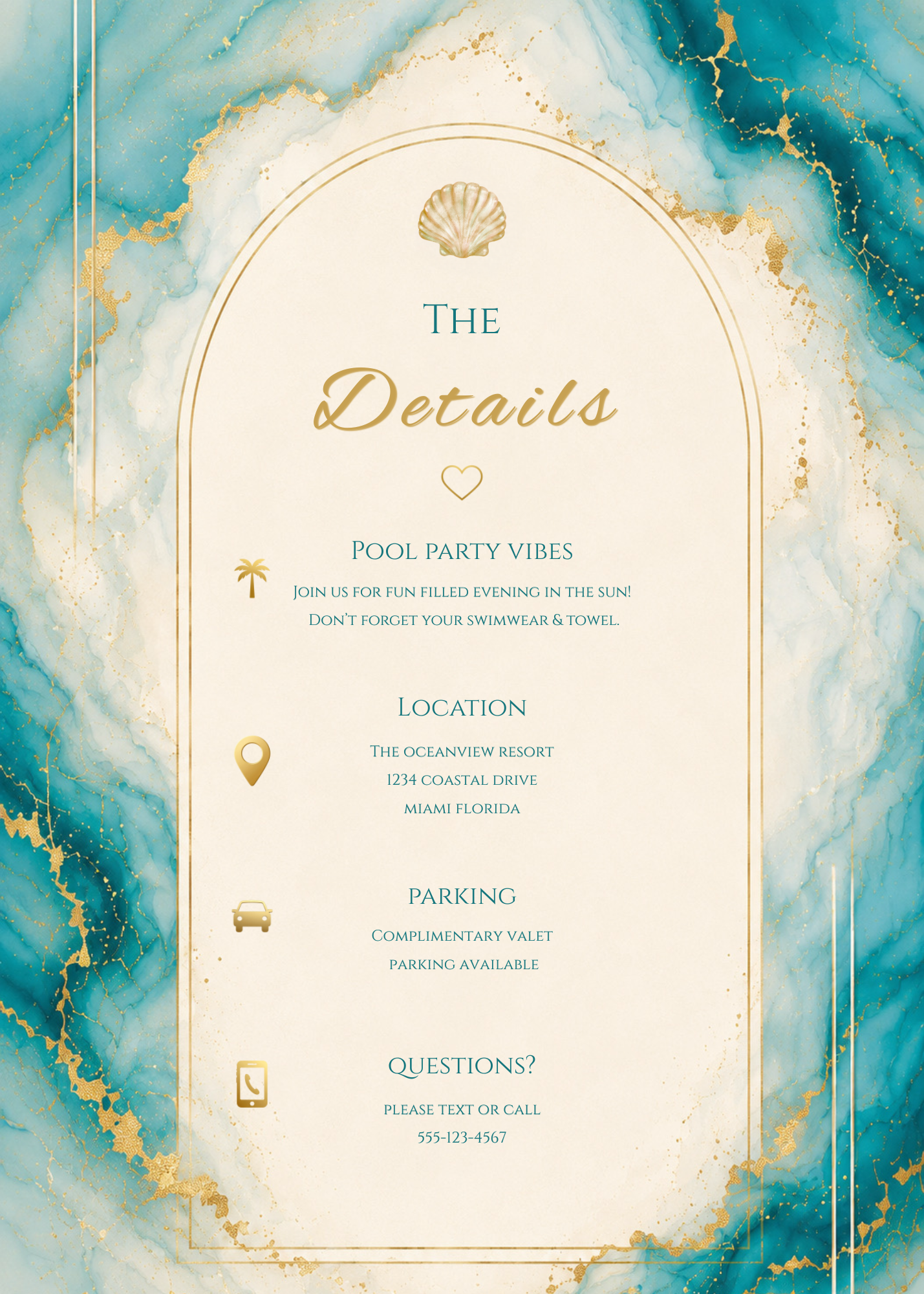 A digital graphic card with a teal and gold marbled background, featuring a central cream-colored arch with gold borders and text that reads 'The Details' followed by resort and pool party details.