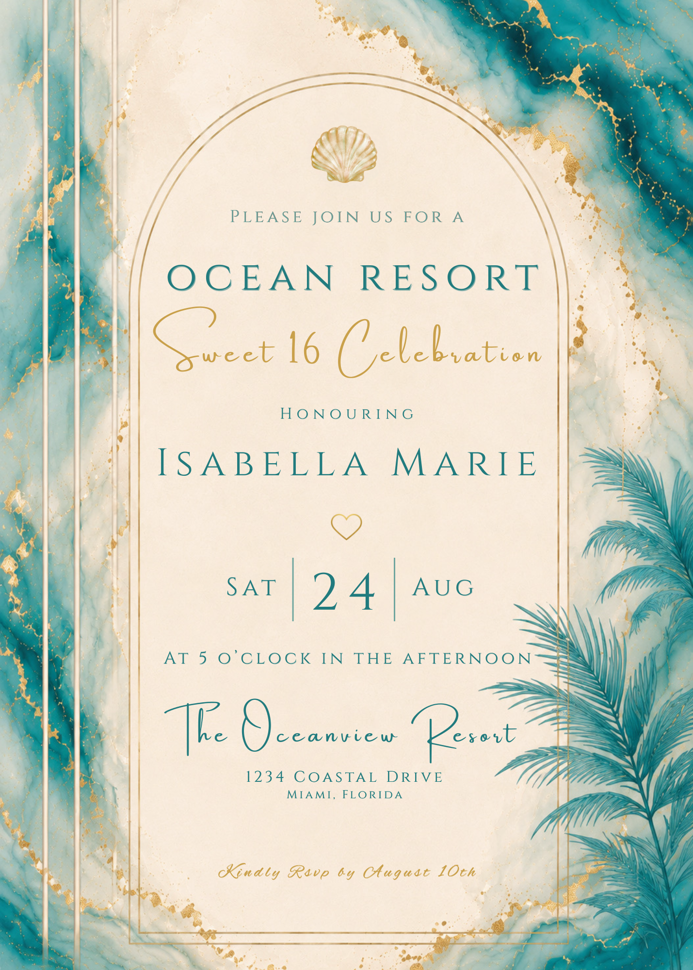 A square wedding invitation card with a cream center panel and teal-and-gold marbled border, featuring palm leaves and a shell motif. Text reads: 'Please join us for an Ocean Resort Sweet 16 Celebration honouring Isabella Marie, Sat 24 Aug at 5 o'clock in the afternoon, The Oceanview Resort, 1234 Coastal Drive, Miami, Florida, and a netty RSVP by August 10th.