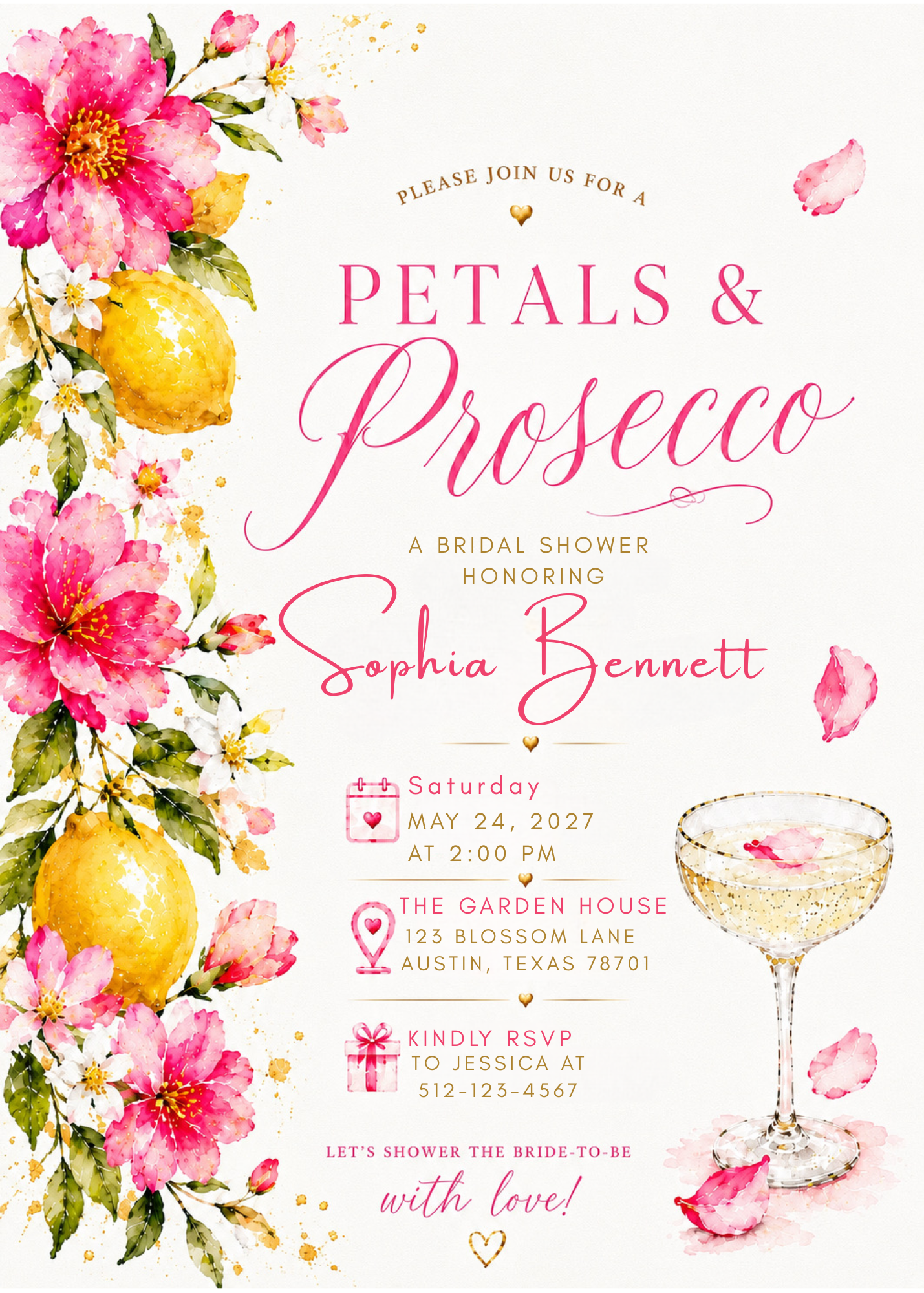 A bridal shower invitation card with pink floral illustrations, lemons, a champagne coupe glass, and elegant text reading 'Petals & Prosecco' and 'Sophia Bennett' on a white background.