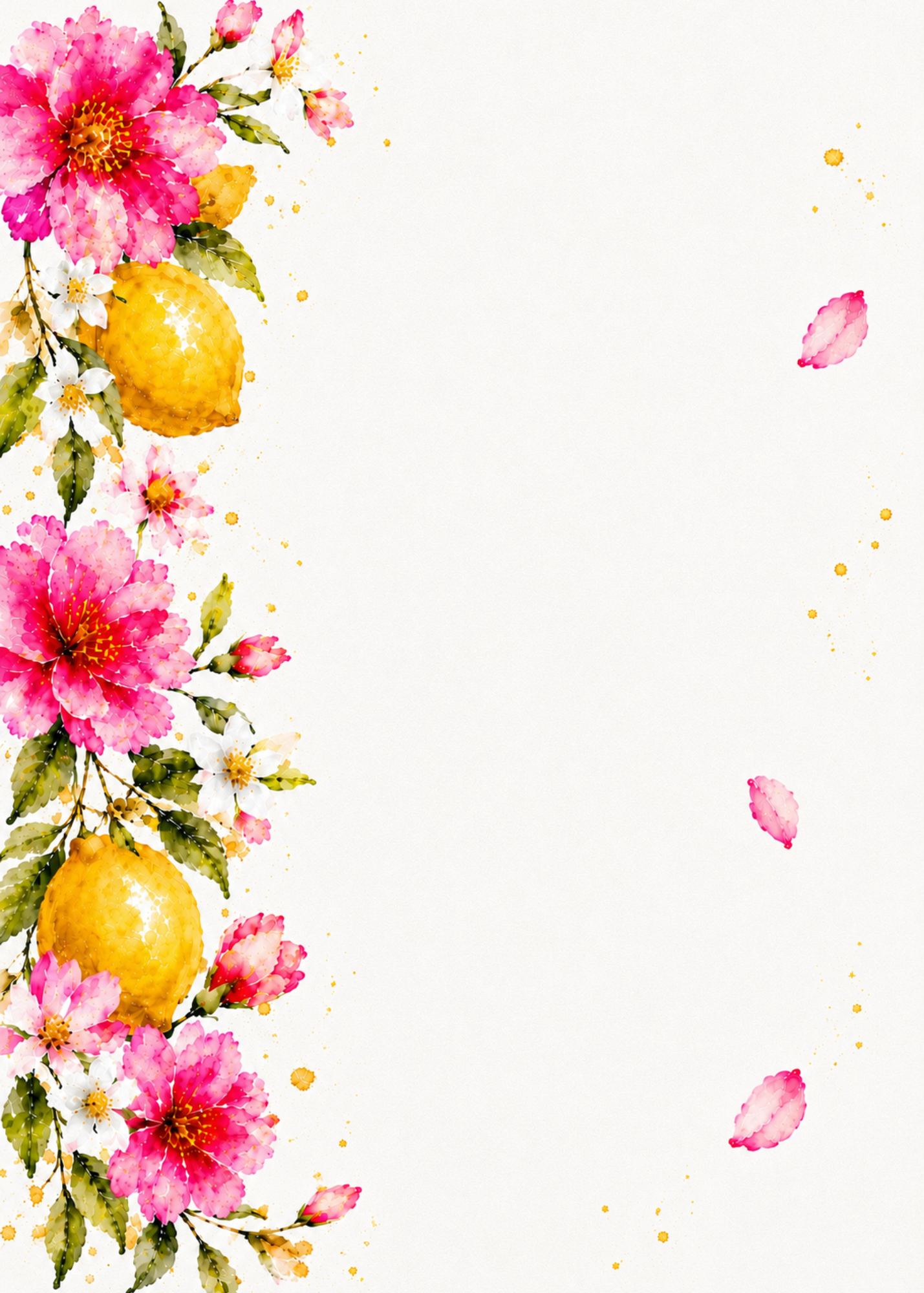Watercolor floral and fruit border design with pink hibiscus-style flowers and yellow lemons along the left side, pink petals floating on the right, and a clean white background.