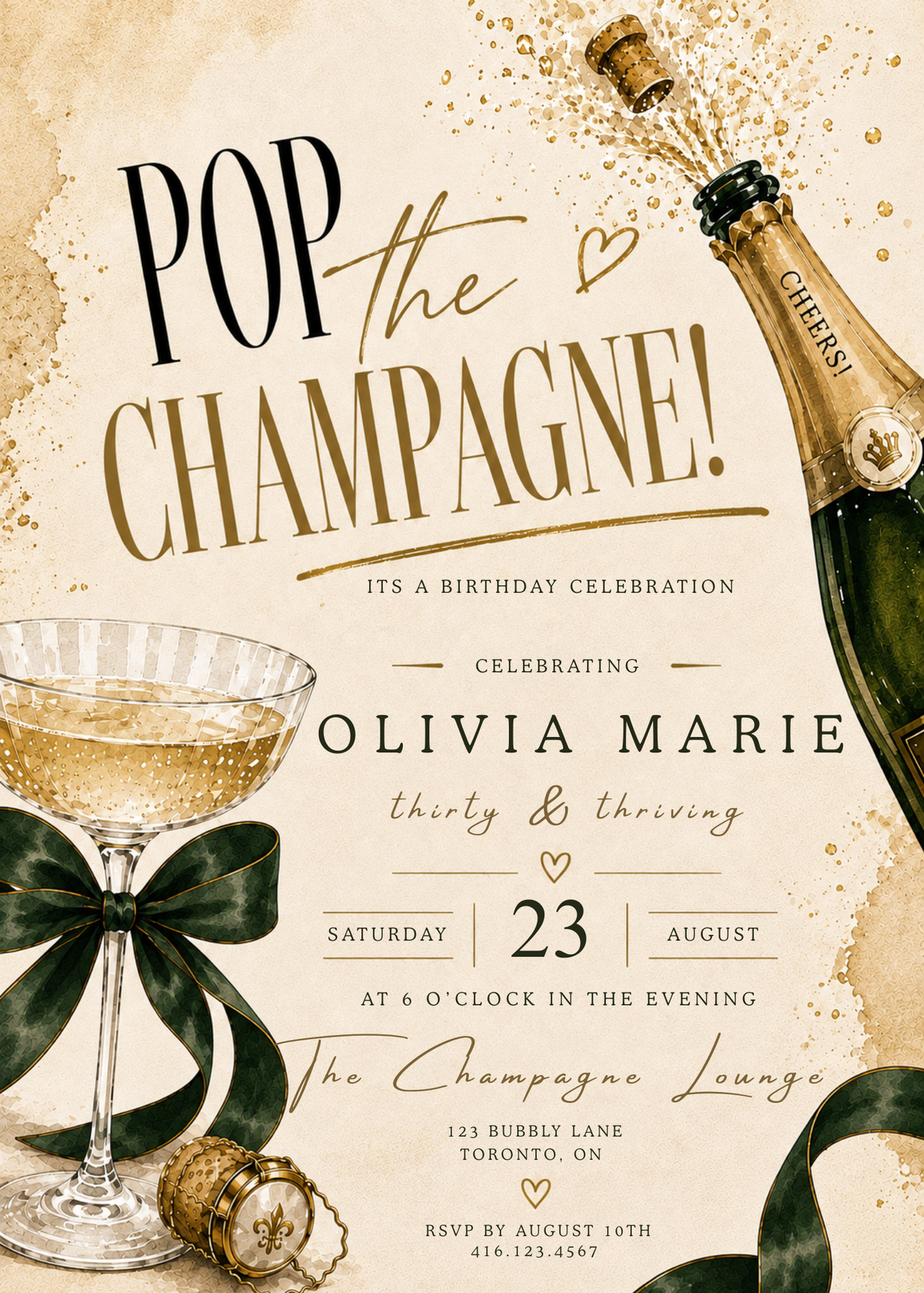 Editable Canva champagne party invitation template for birthdays showers and celebrations