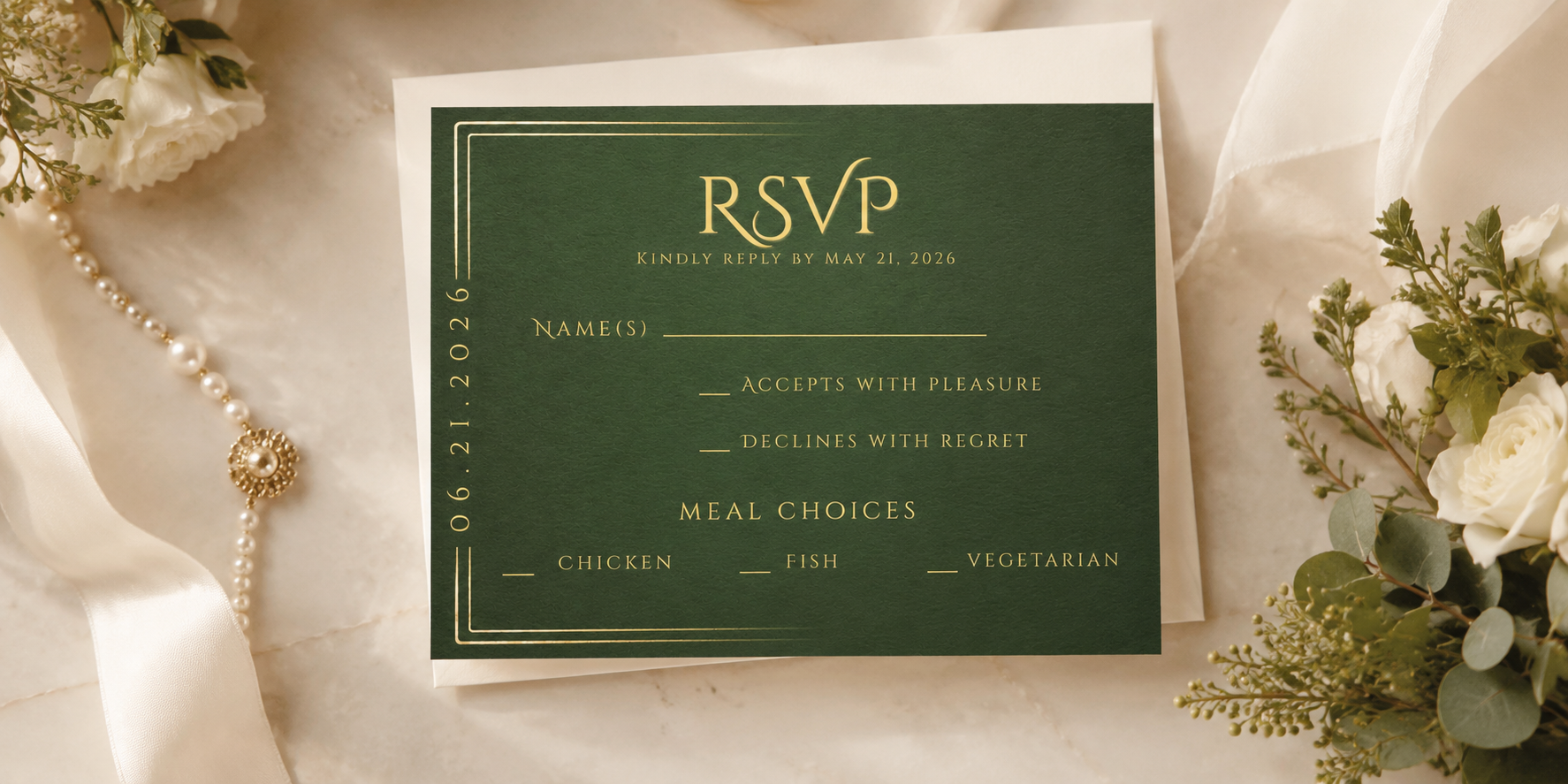 A dark green RSVP card with elegant gold lettering, styled on a cream fabric background with white flowers, greenery, and a pearl necklace.
