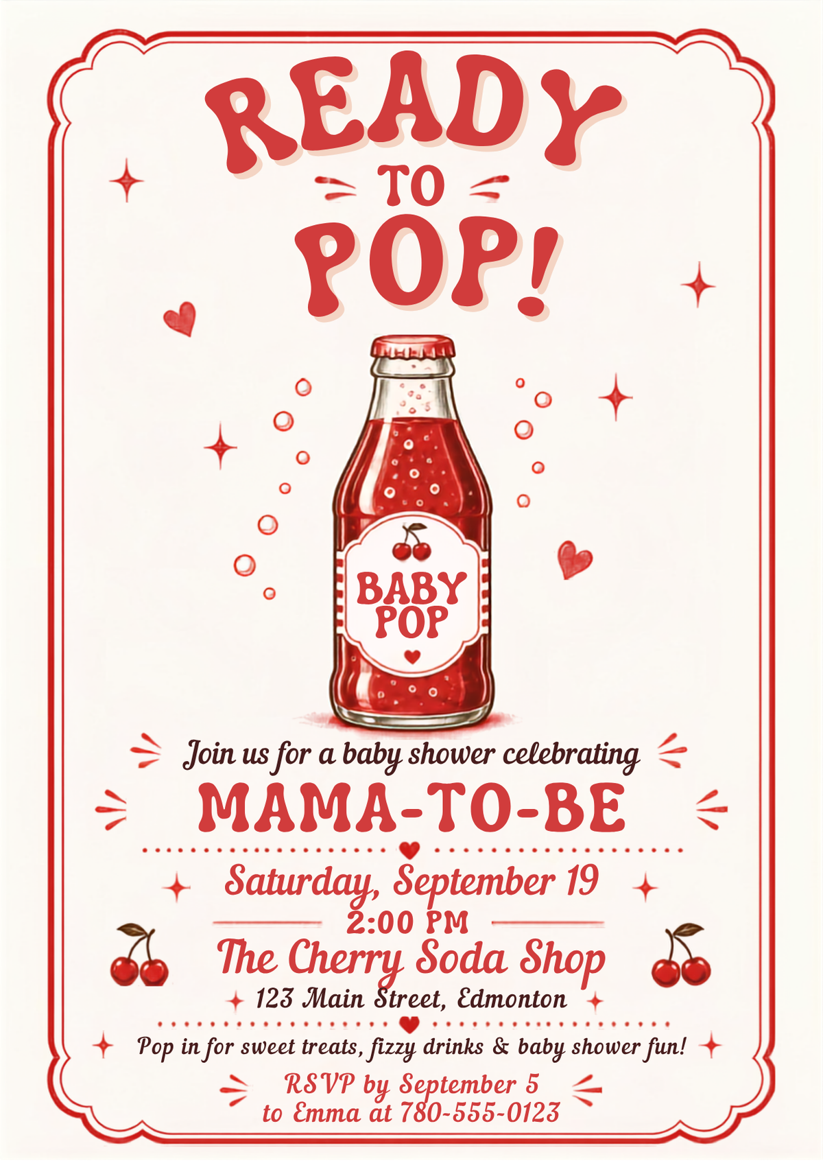 A retro-style baby shower invitation card featuring a vintage red cherry soda bottle illustration in the center, with red text reading 'READY TO POP!' and 'MAMA-TO-BE' on a warm cream background with red decorative borders.