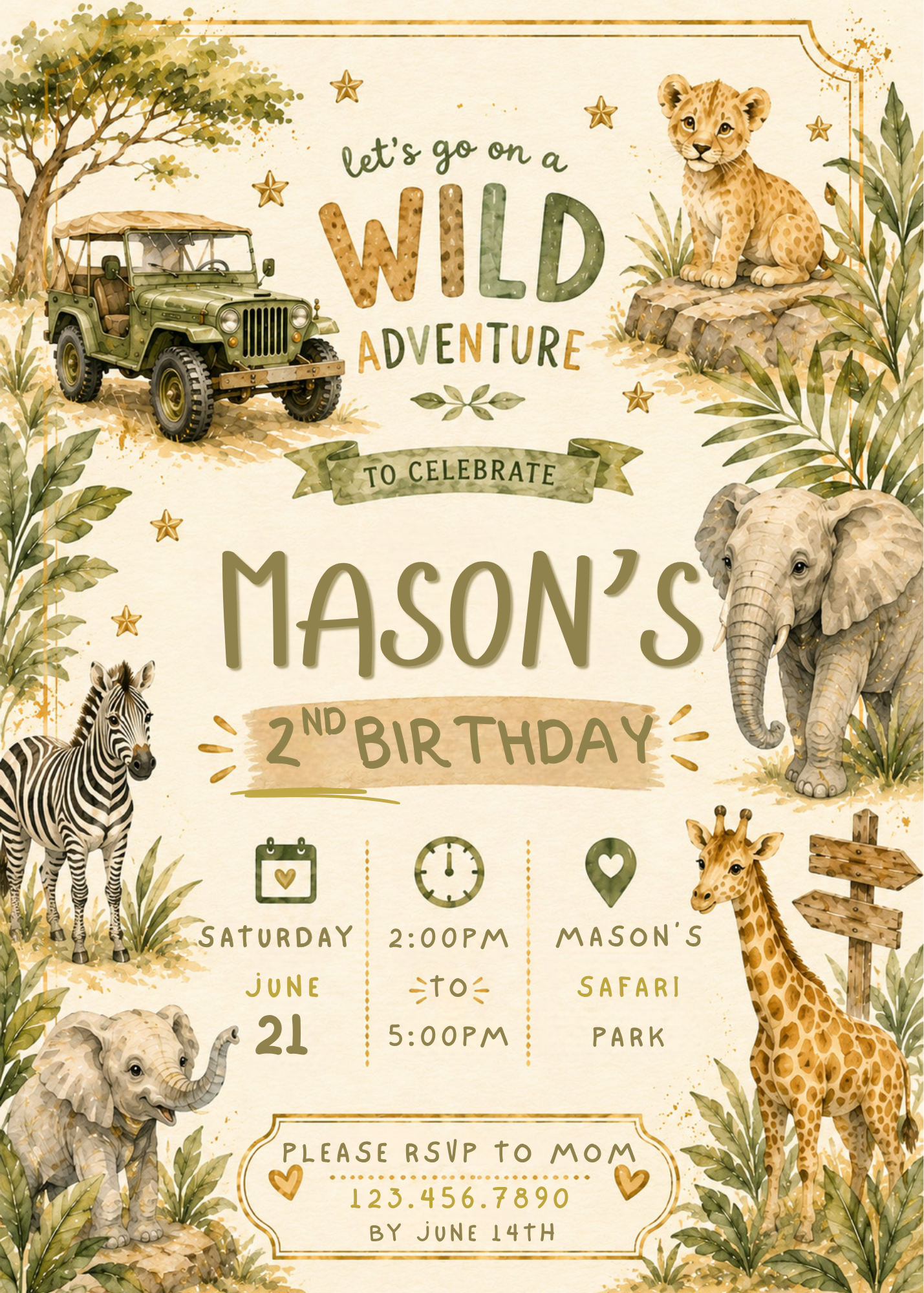 A safari-themed 2nd birthday party invitation card featuring watercolor illustrations of a jeep, lion, elephant, zebra, giraffe, and trees on a cream background, with text reading 'let's go on a WILD ADVENTURE to celebrate Mason's 2nd Birthday' and event details.