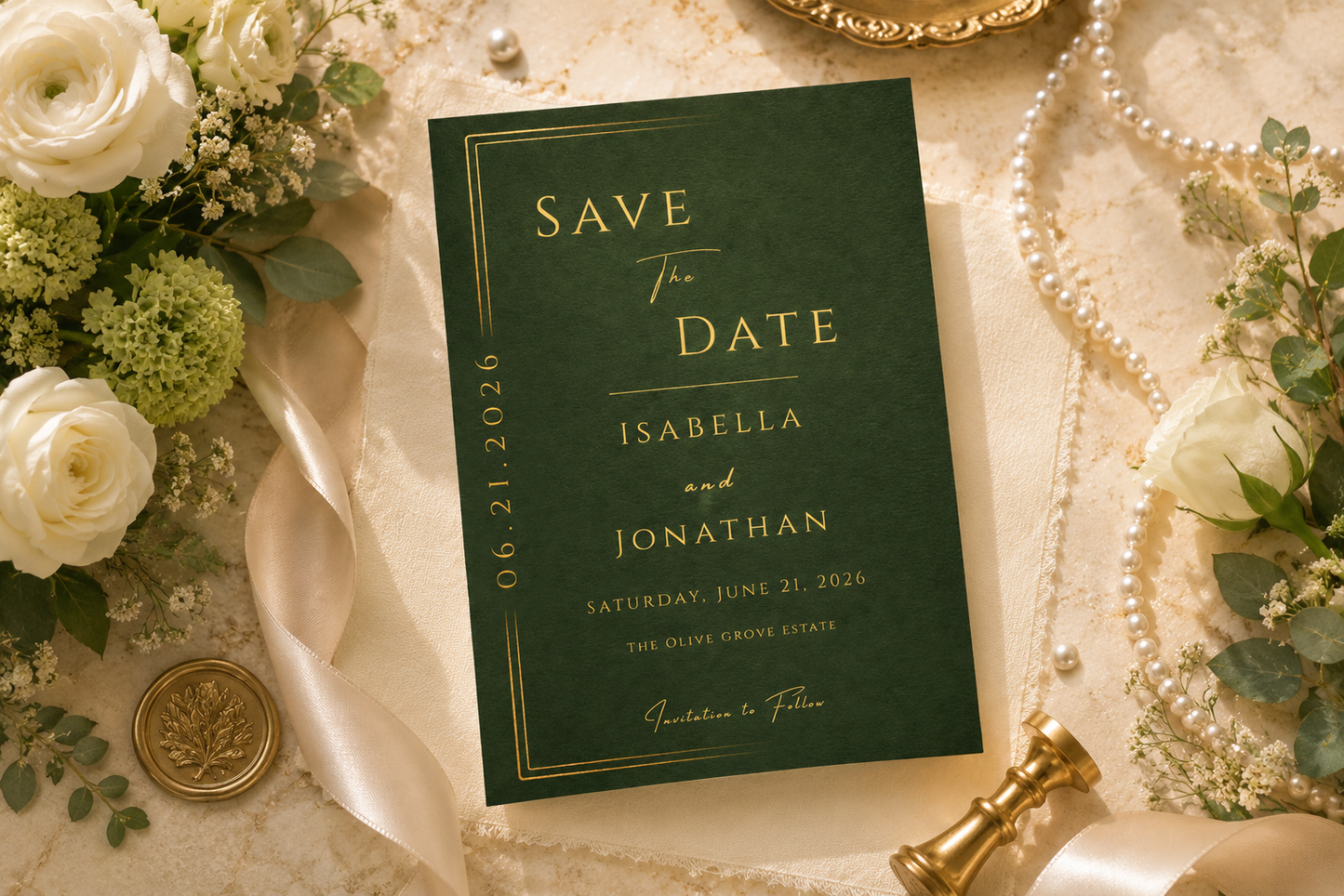 A dark green velvet 'Save the Date' card with gold foil lettering, styled in a flat lay with white roses, pearls, a gold wax seal, and a gold stamp on a cream fabric background.