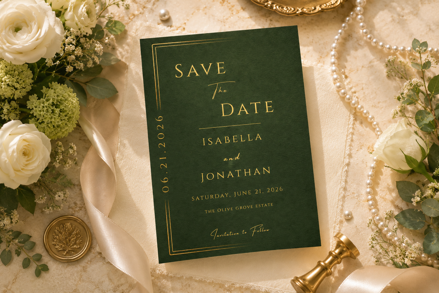 A dark green velvet 'Save the Date' card with gold foil lettering, styled in a flat lay with white roses, pearls, a gold wax seal, and a gold stamp on a cream fabric background.