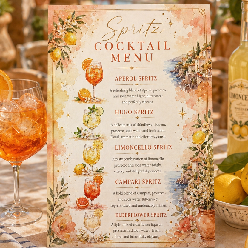 A decorative cocktail menu sign reading 'Spritz Cocktail Menu' stands on a table set with a filled coupe glass, lemons, olives, sliced orange, prosciutto, and bottles in an outdoor patio setting.
