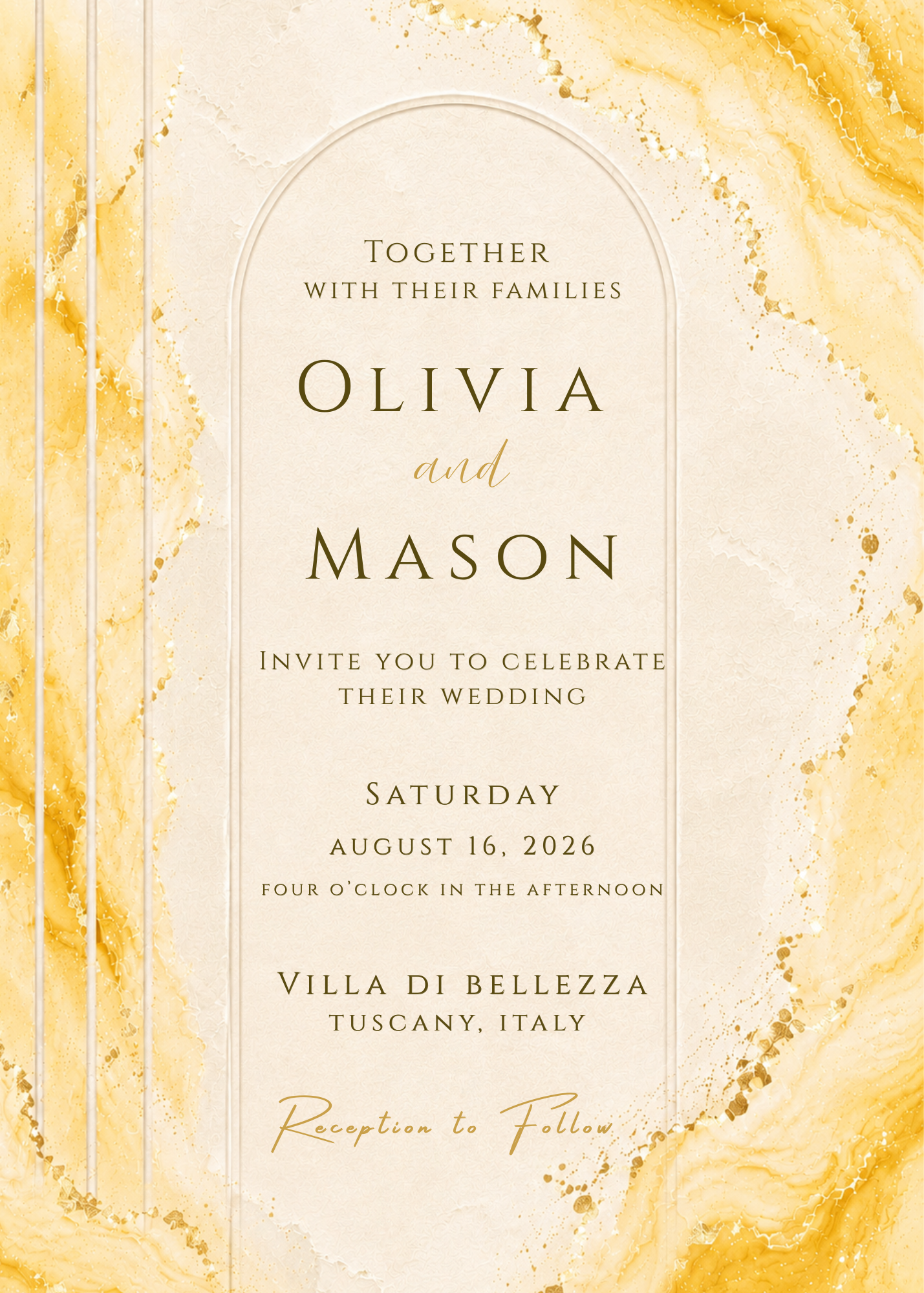 Wedding invitation card with elegant gold and cream marble textures, featuring an arched central panel with text for Olivia and Mason's wedding on Saturday, August 16, 2026, at Villa di Bellezza, Tuscany, Italy.