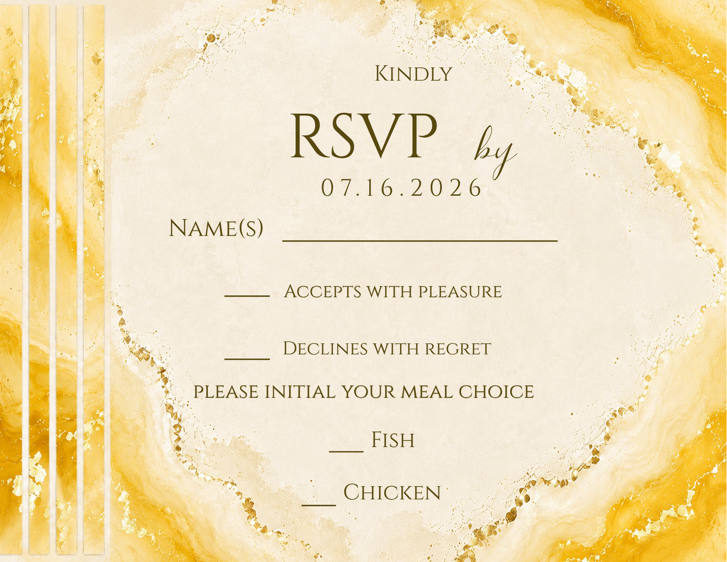 Gold and beige watercolor wedding RSVP card with elegant typography and fill-in lines for name, meal choice, and acceptance/declination.
