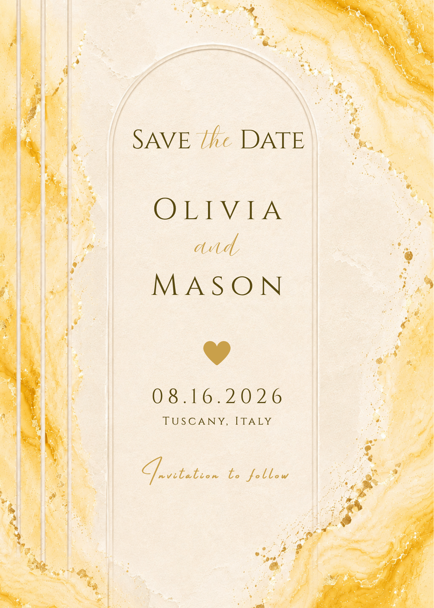 A vertical 'Save the Date' wedding card design with elegant typography on a cream background framed by a gold marbled border. The text reads 'SAVE the DATE', 'OLIVIA and MASON', '08.