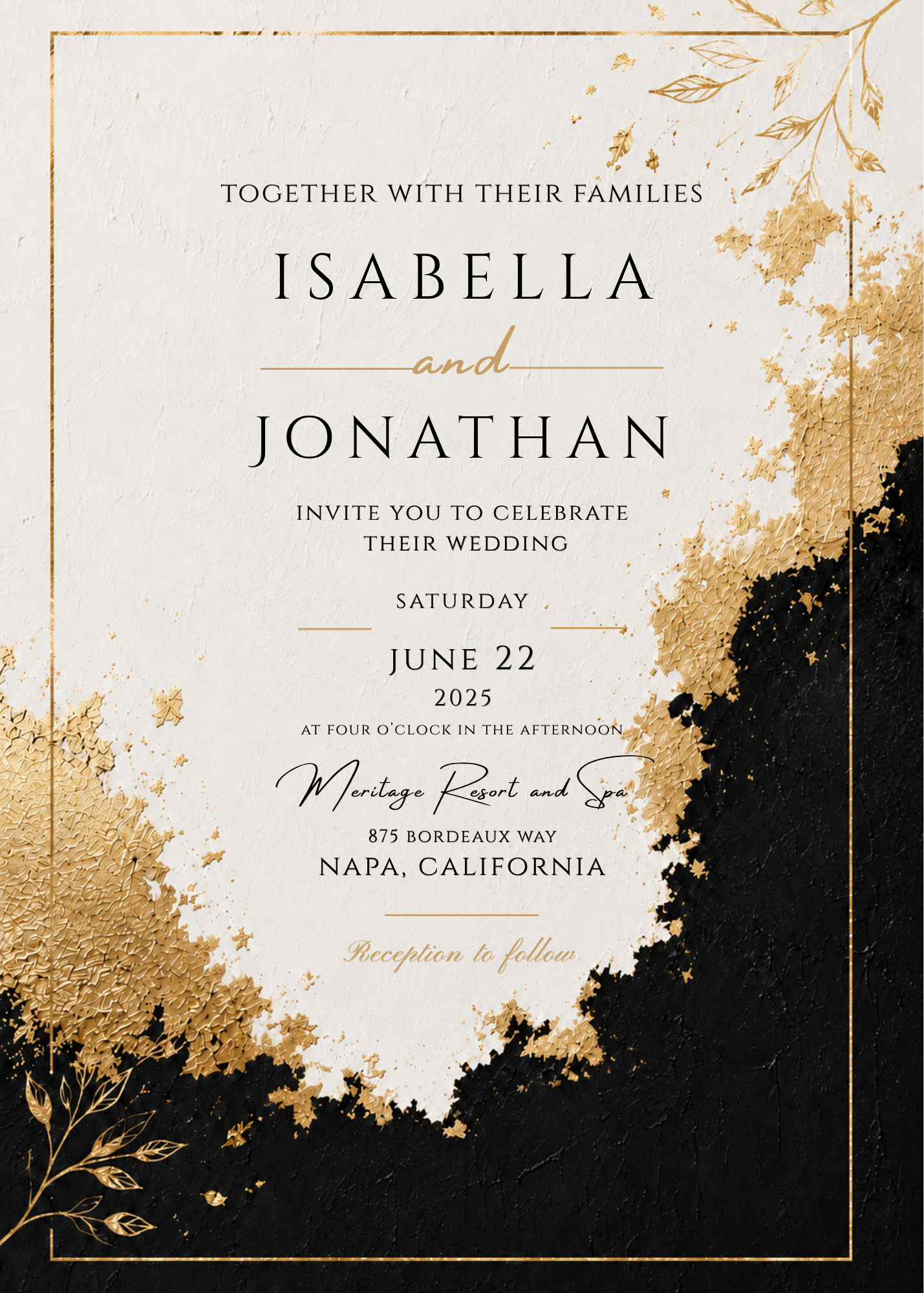 A wedding invitation card with elegant typography on a cream background, accented by textured gold foil leaf patterns and a bold black textured design along the right and bottom edges.