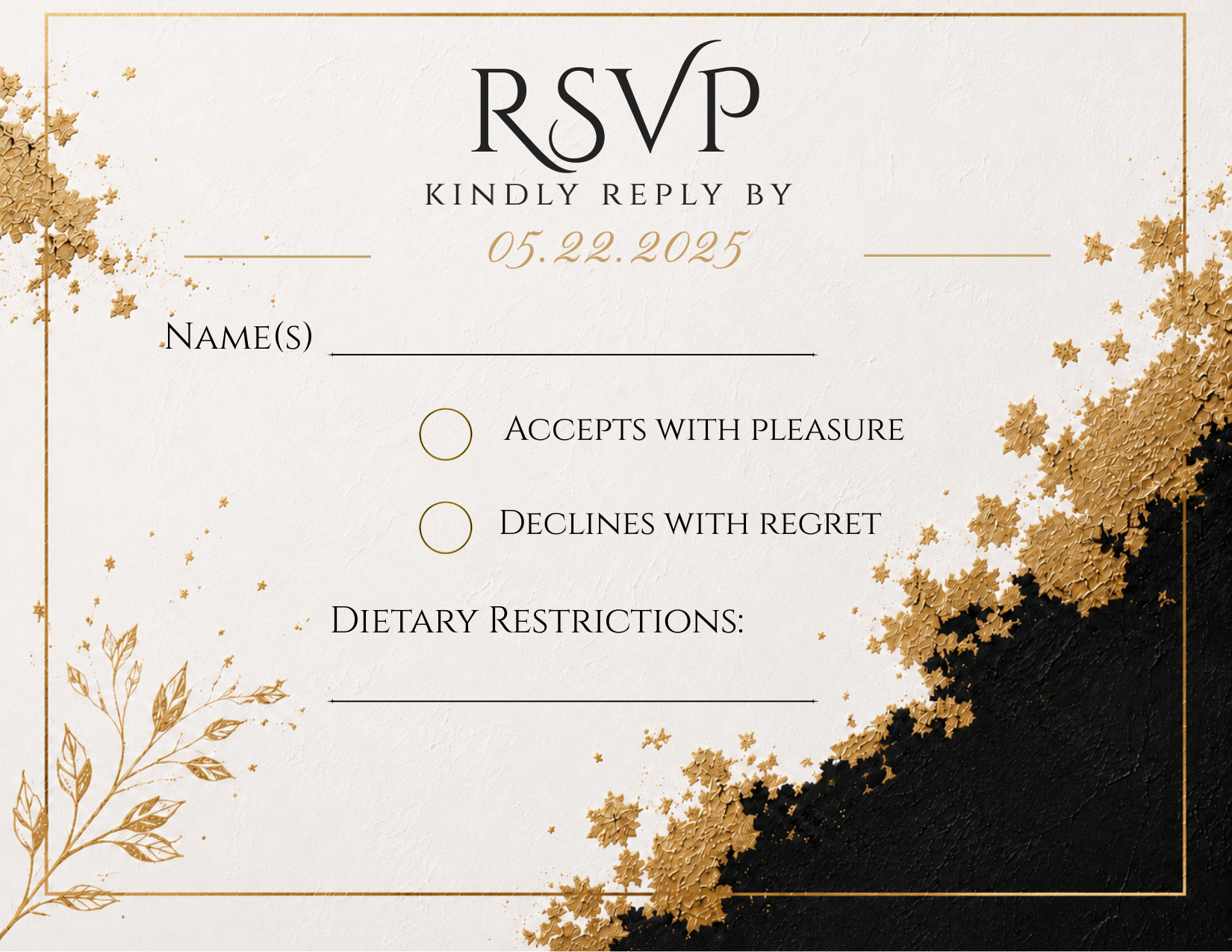 A gold and black RSVP card design with elegant floral corner accents, a gold foil-like texture, and a textured black corner. The card features the text 'RSVP KINDLY REPLY BY 05.