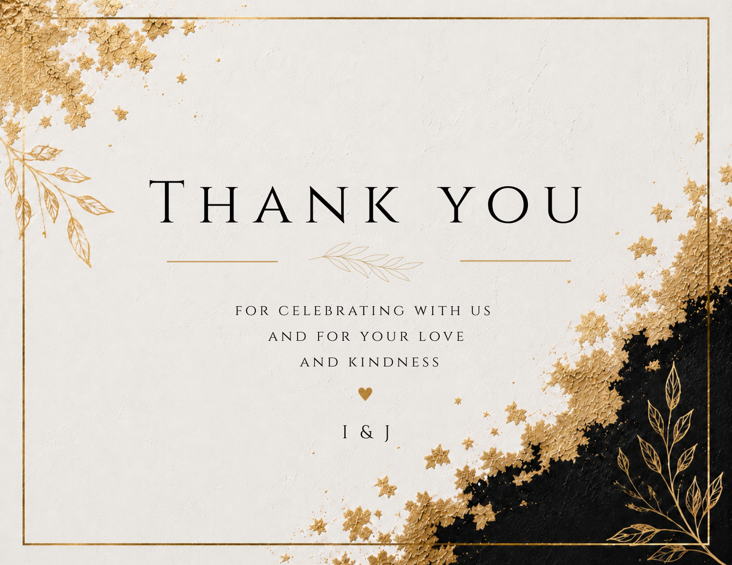 A square thank-you card design with elegant gold foil floral corner accents and a textured black corner, featuring the text 'THANK YOU' and smaller celebratory wording on a warm off-white background.
