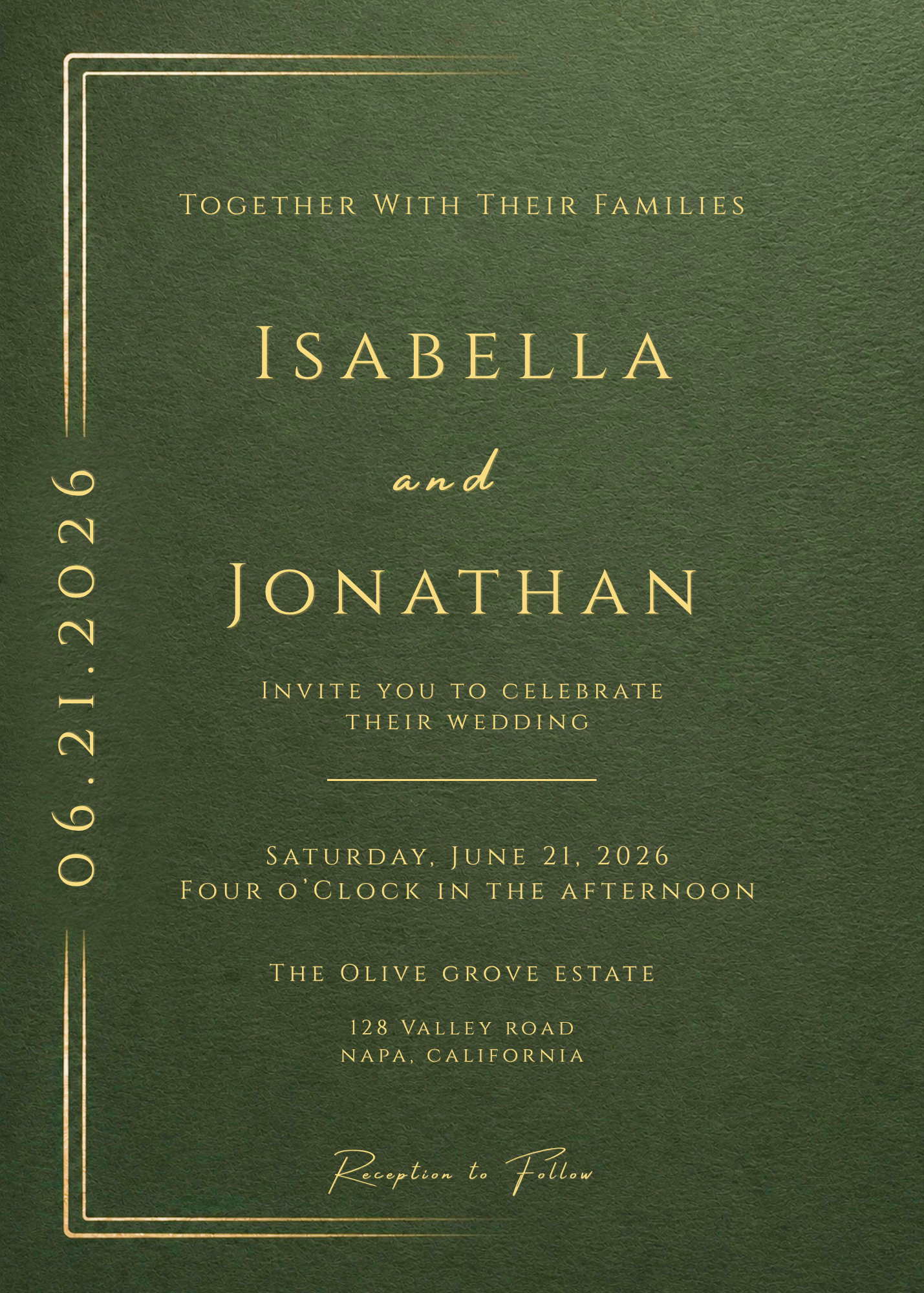 A square wedding invitation card with a textured dark green background and elegant gold typography. The card features gold double-line borders, the names 'Isabella and Jonathan', the date '06.