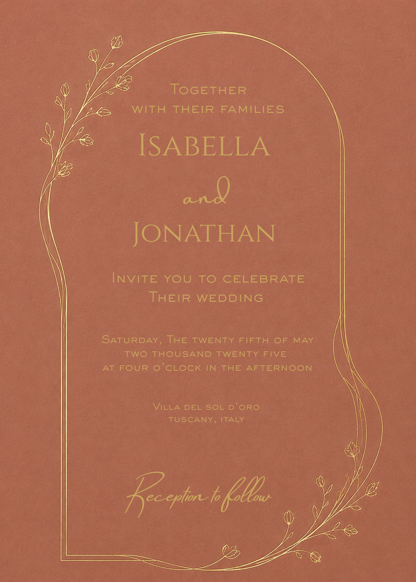 A terracotta red wedding invitation card with elegant gold foil text and botanical line art, featuring the names Isabella and Jonathan.