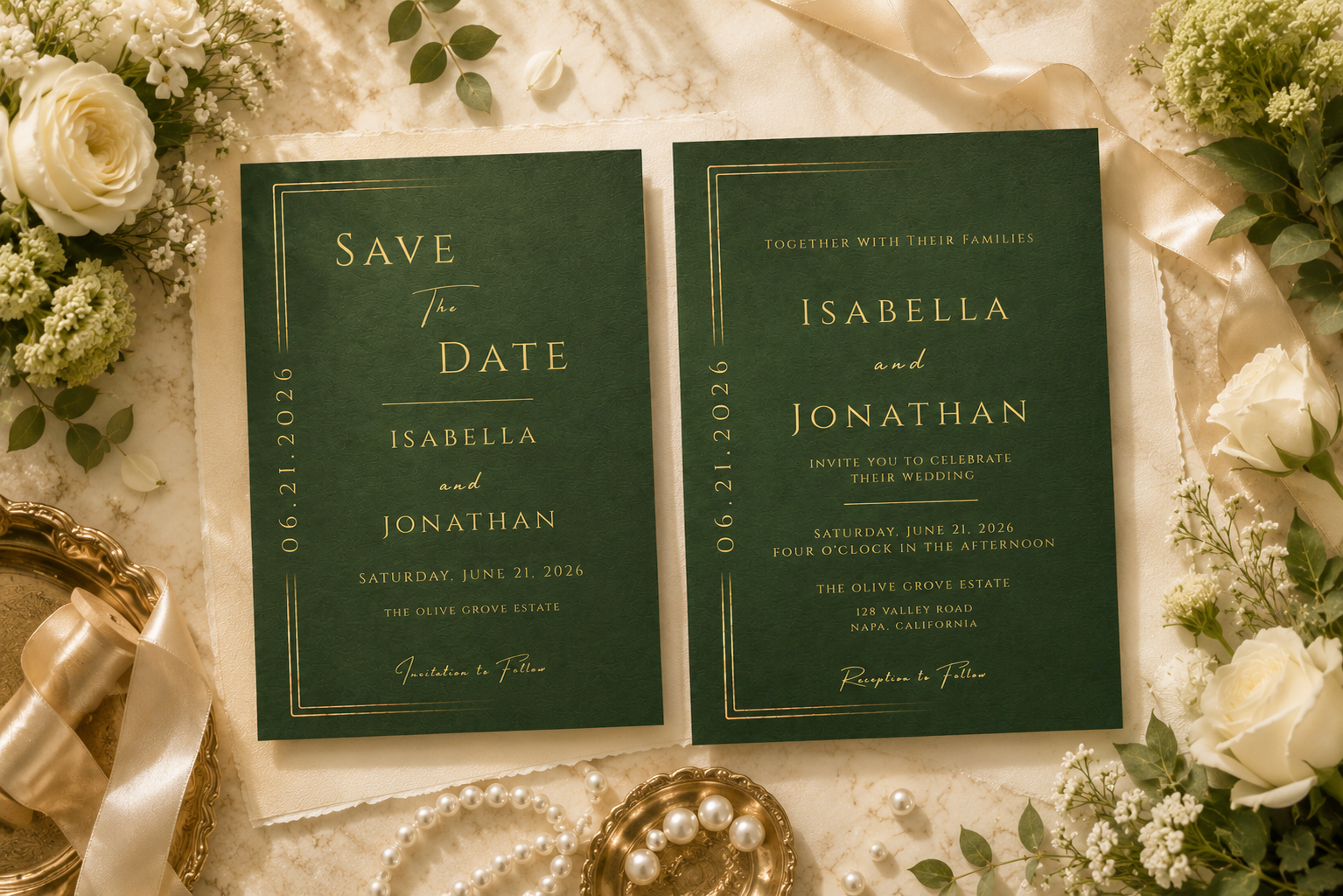 Two dark green wedding save-the-date cards with gold lettering are arranged on a cream marble surface with white roses, greenery, pearls, and a gold ribbon.
