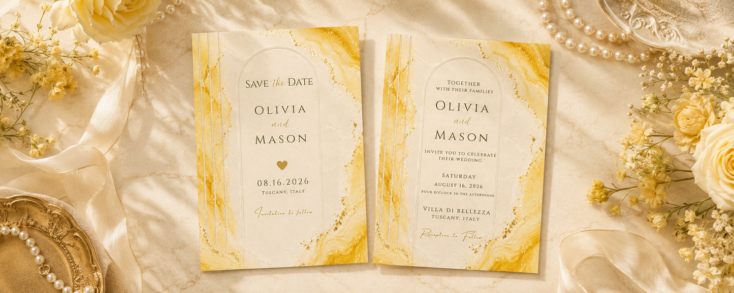 Two elegant wedding save-the-date and invitation cards with a gold and cream marble design, styled on a cream satin fabric with pearls and yellow roses.