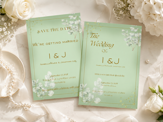 Two mint green wedding save-the-date and invitation cards with gold foil text and white floral illustrations, styled on a white fabric background with pearls, roses, and baby's breath.