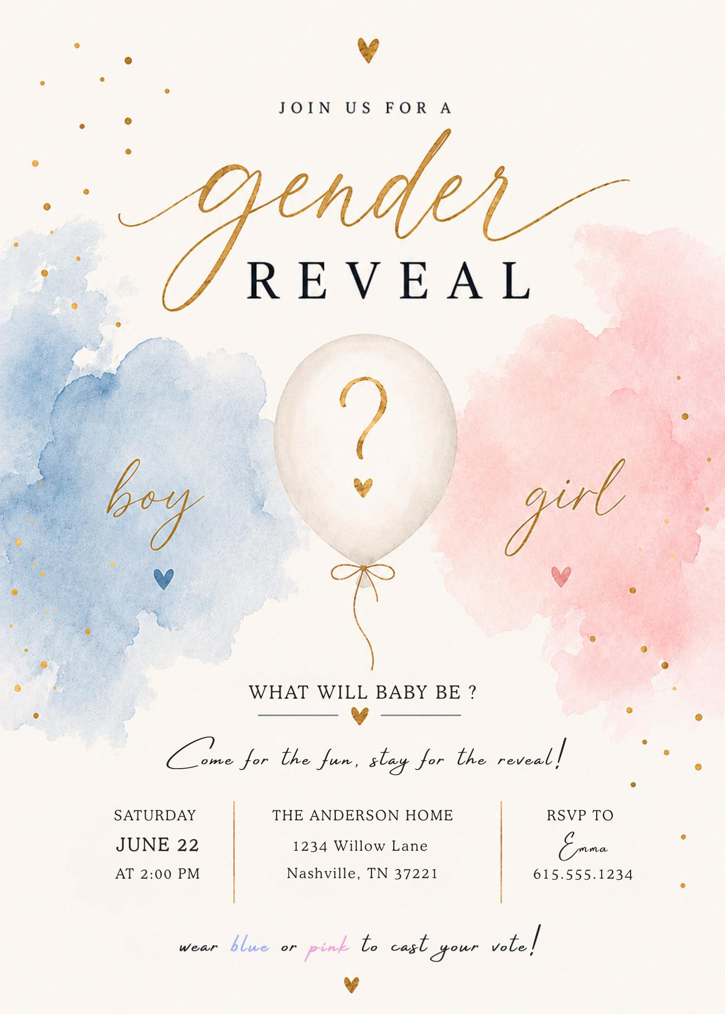 A gender reveal party invitation card with a watercolor design featuring blue on the left and pink on the right, a central white balloon with a question mark, and gold decorative text and hearts.