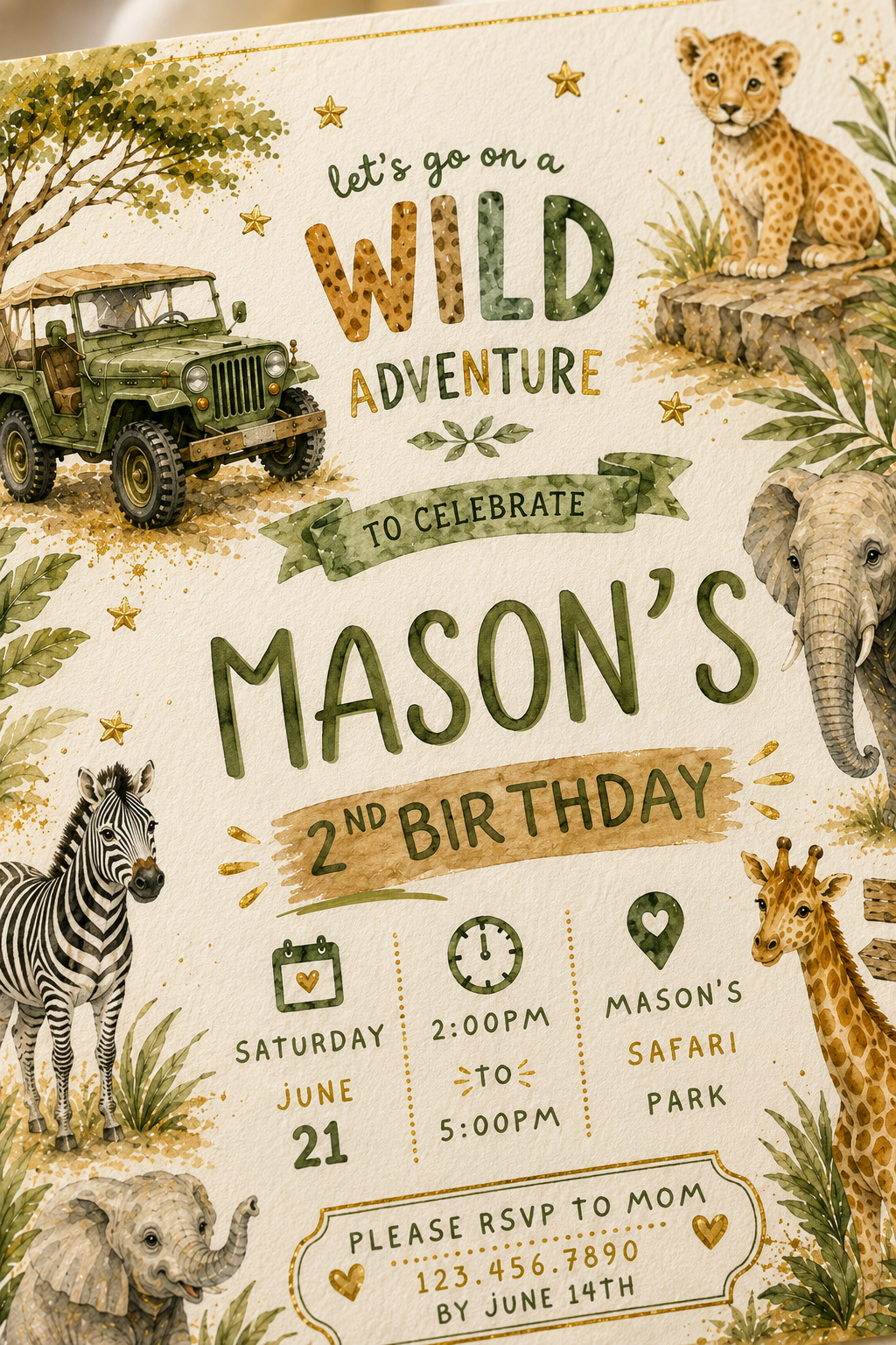 Wild safari-themed 2nd birthday invitation card for Mason, featuring illustrated animals including a zebra, elephant, giraffe, lion, and jeep on a cream background with green and tan text.