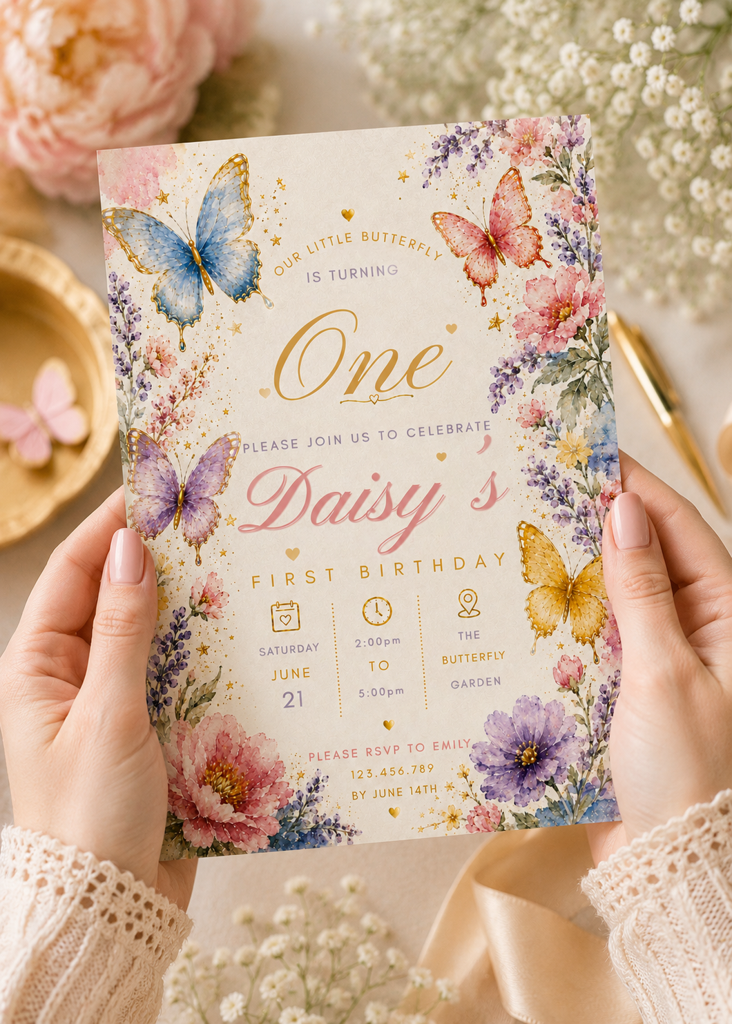 A person holds a pastel butterfly and floral first birthday invitation card with gold foil text. The card features watercolor-style pink, purple, blue, and yellow flowers and butterflies on a cream background, surrounded by a soft beige styled setting with lace sleeves and decorative flowers.
