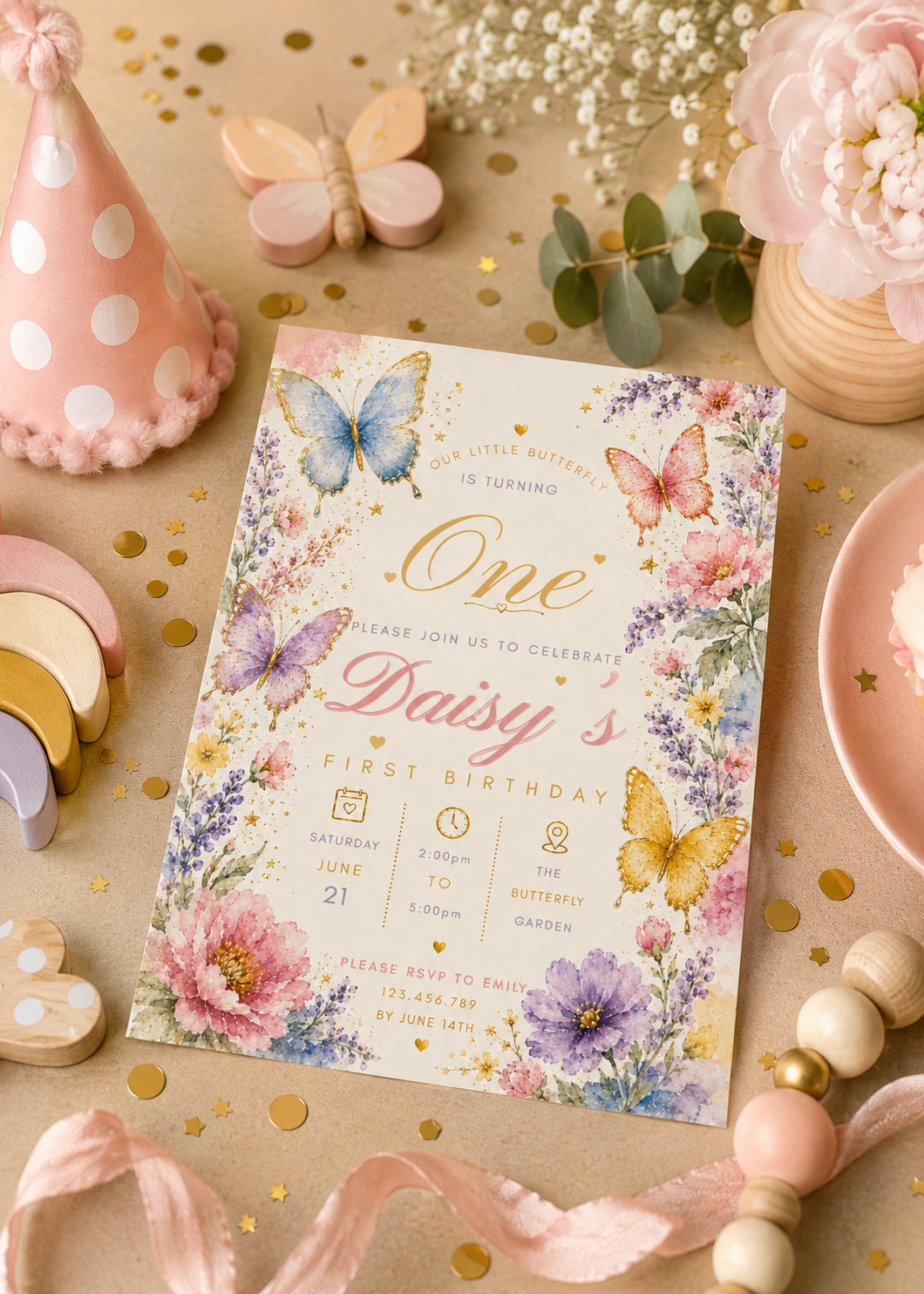 A pastel first birthday invitation card with watercolor butterflies and flowers, styled on a beige surface with party hats, confetti, beads, and pink decor.