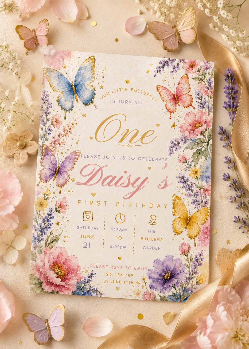 A first birthday invitation card styled in a flat-lay with pastel butterflies, flowers, petals, and gold ribbon on a beige background.