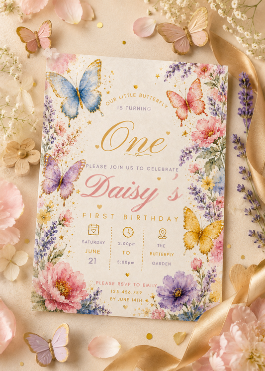 A first birthday invitation card styled in a flat-lay with pastel butterflies, flowers, petals, and gold ribbon on a beige background.