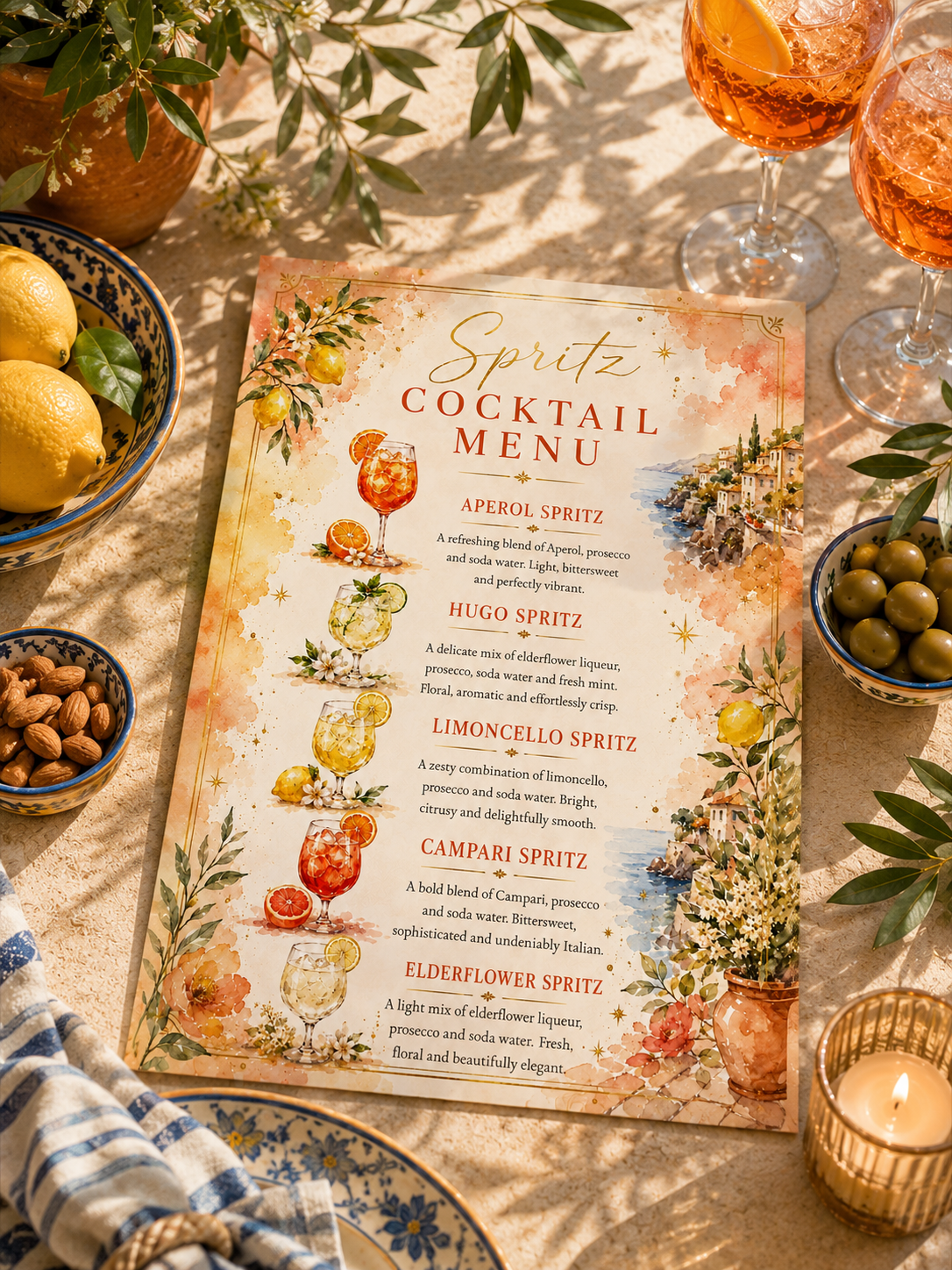 A printed cocktail menu card styled on a sunlit table with glasses of rosé wine, lemons, olives, nuts, and greenery. The menu has a warm watercolor design with the title 'Sprite Cocktail Menu' and illustrated drinks and floral accents.