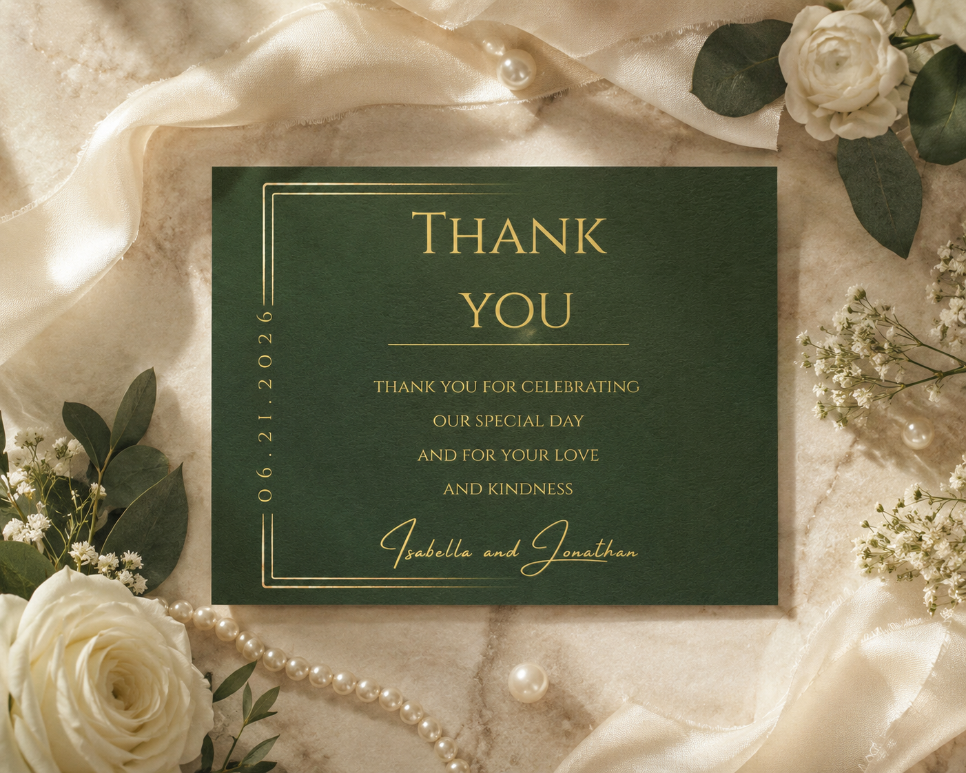 A dark green thank you card with elegant gold typography and border details, styled in a flat lay with white roses, baby's breath, pearls, and draped satin fabric.