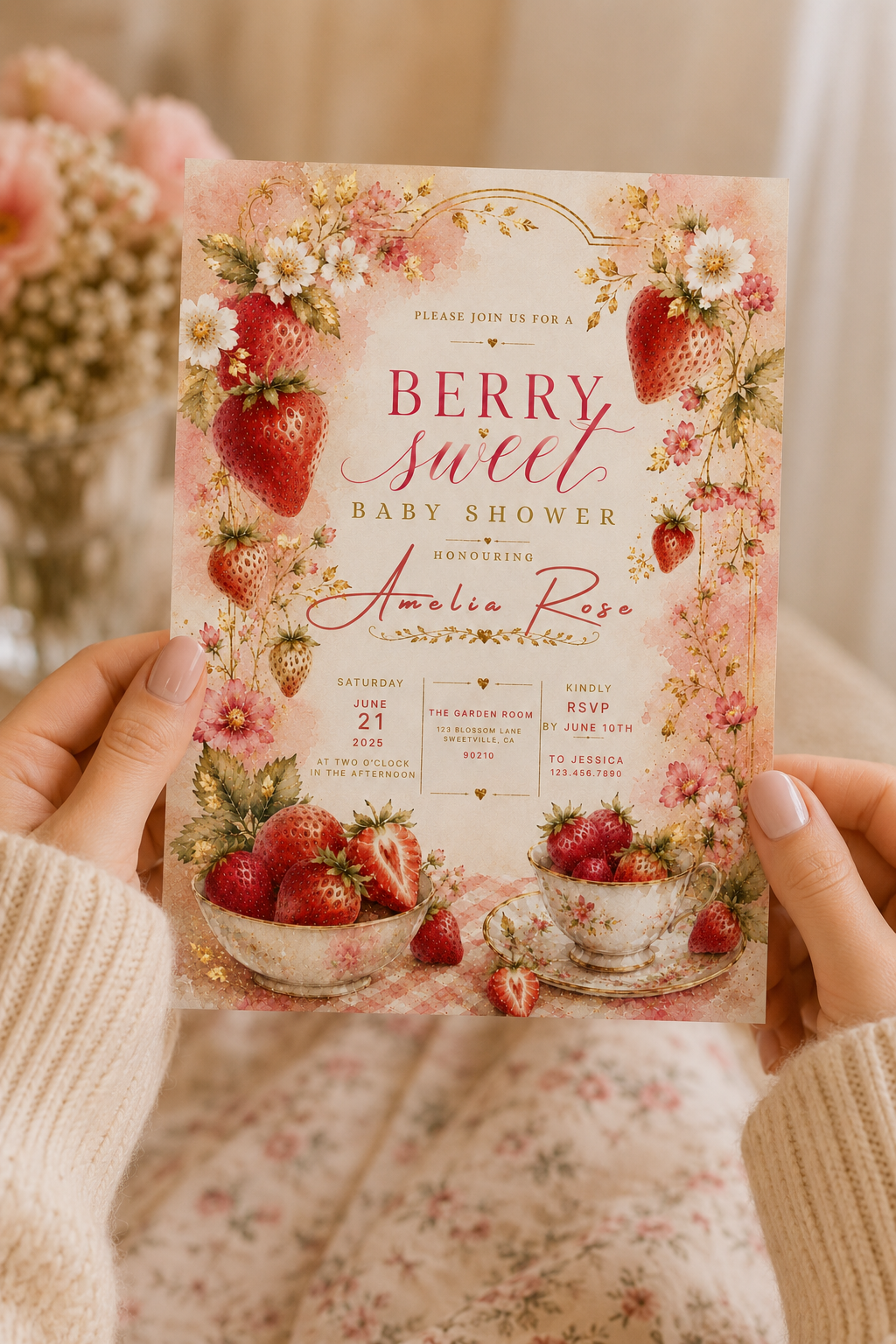 A person holds a decorative baby shower invitation card featuring strawberries, flowers, and tea cups on a pink floral background. The card reads 'Berry sweet baby shower' and 'Honoring Amelia Rose.